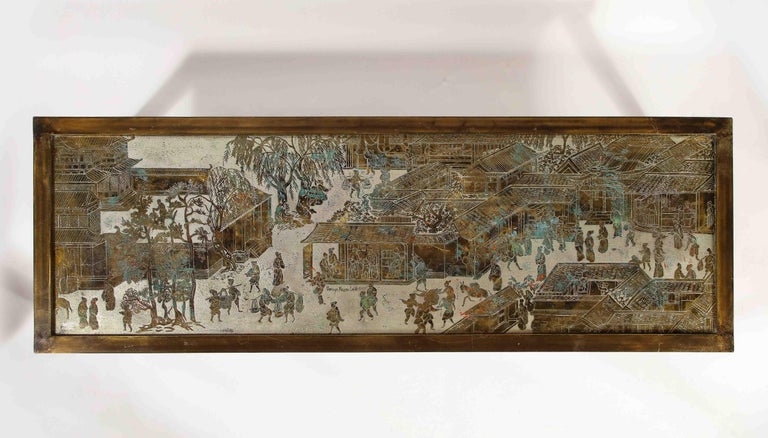 Mid-Century Modern Signed Philip and Kelvin LaVerne Large Size Chinoiserie Table in Etched Bronze For Sale