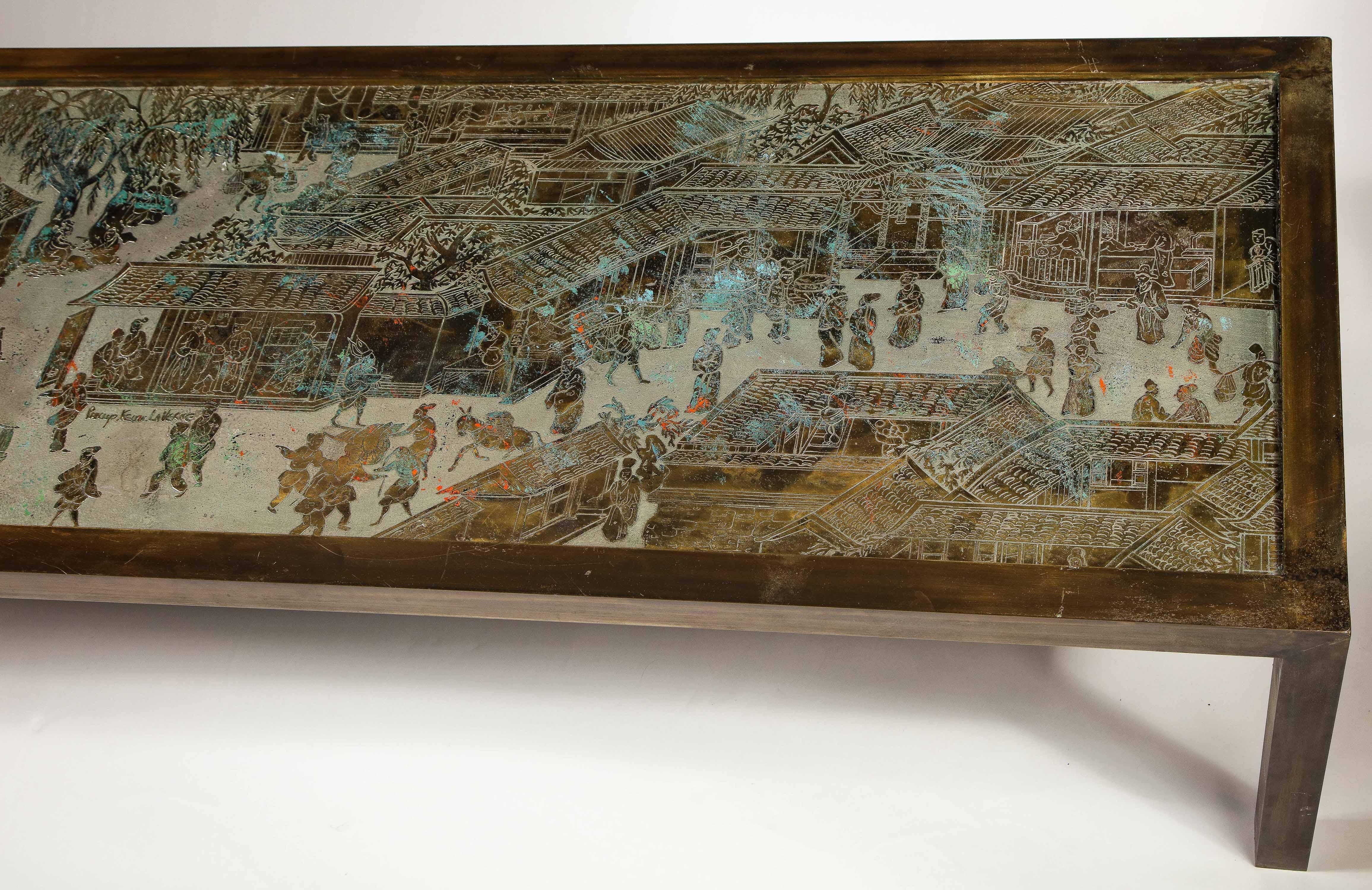 American Signed Philip and Kelvin LaVerne Large Size Chinoiserie Table in Etched Bronze