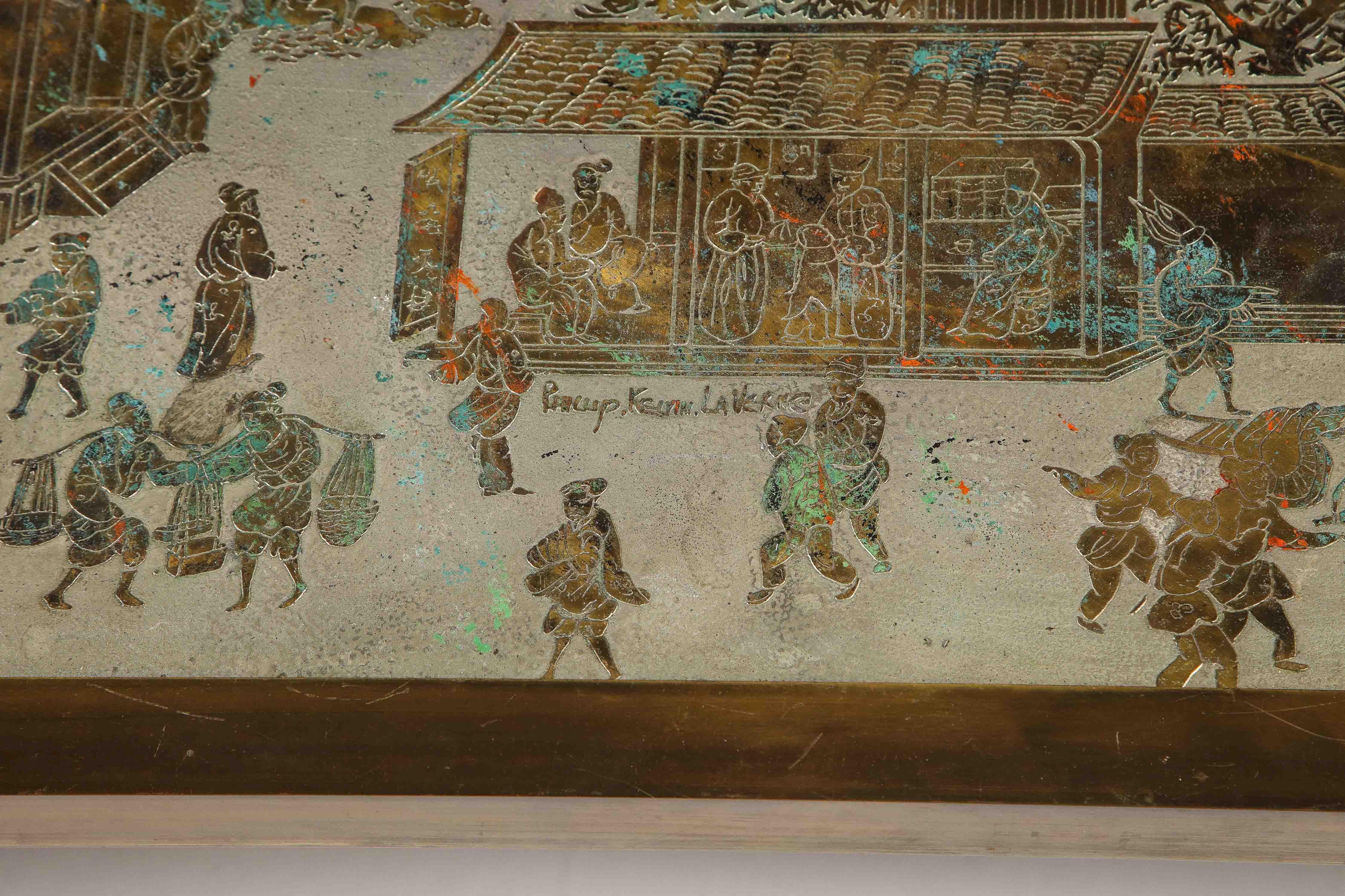 Mid-20th Century Signed Philip and Kelvin LaVerne Large Size Chinoiserie Table in Etched Bronze