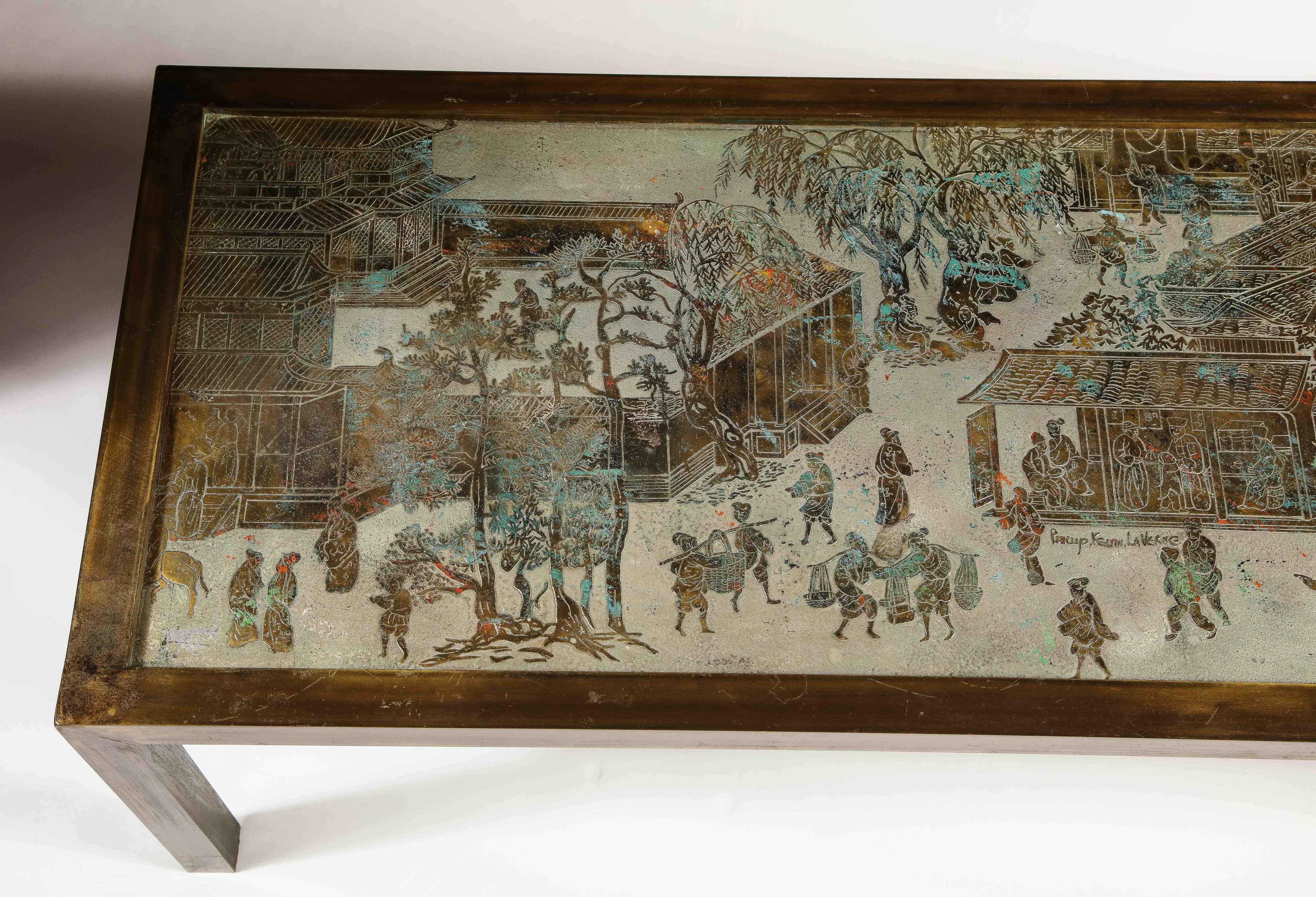 Signed Philip and Kelvin LaVerne Large Size Chinoiserie Table in Etched Bronze 1