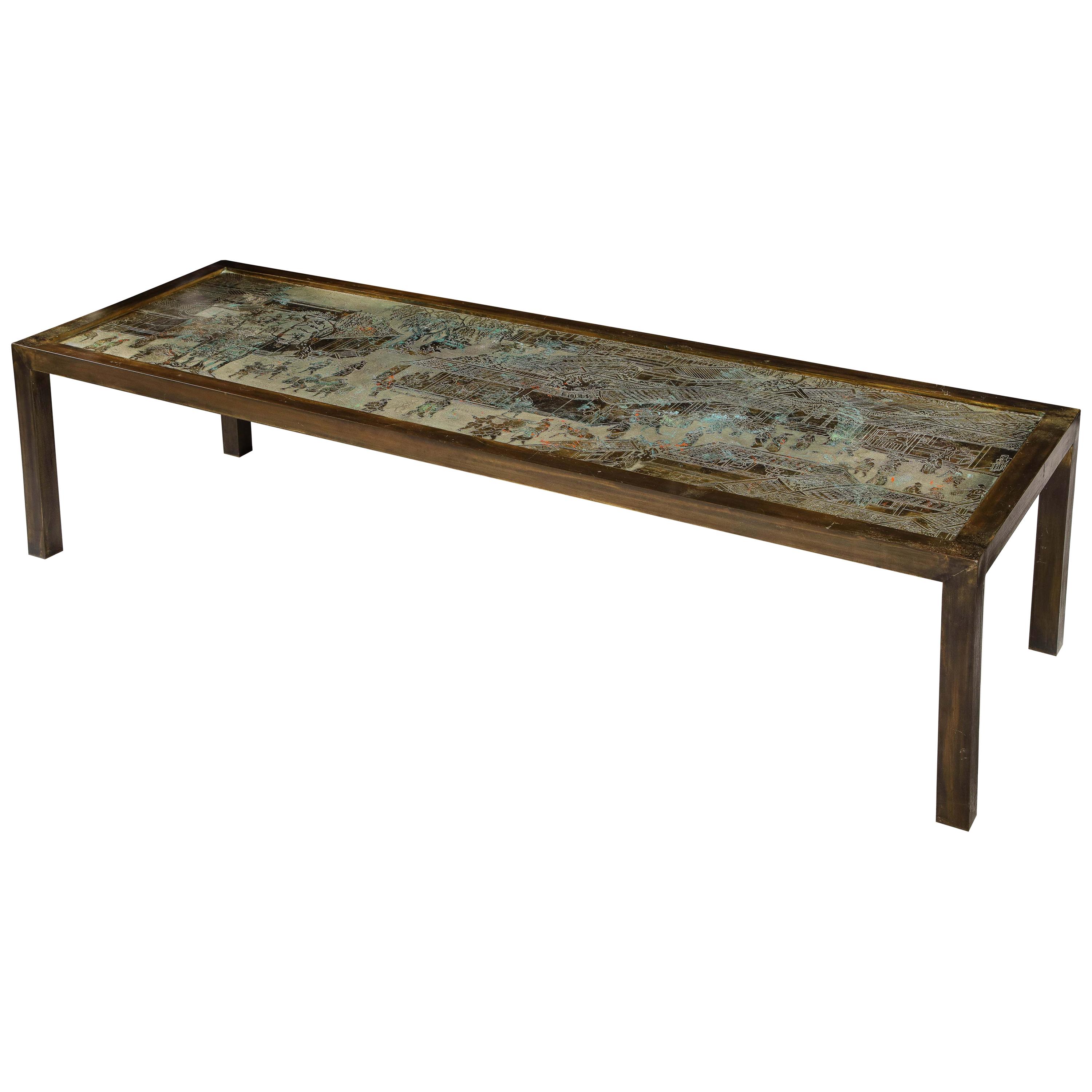 Signed Philip and Kelvin LaVerne Large Size Chinoiserie Table in Etched Bronze