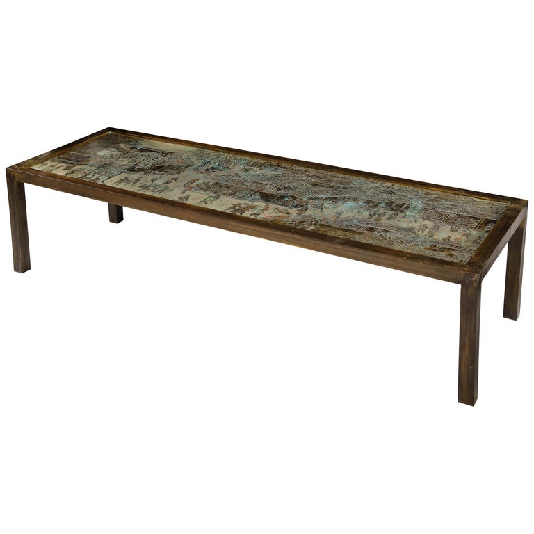 Signed Philip and Kelvin LaVerne Large Size Chinoiserie Table in Etched Bronze For Sale