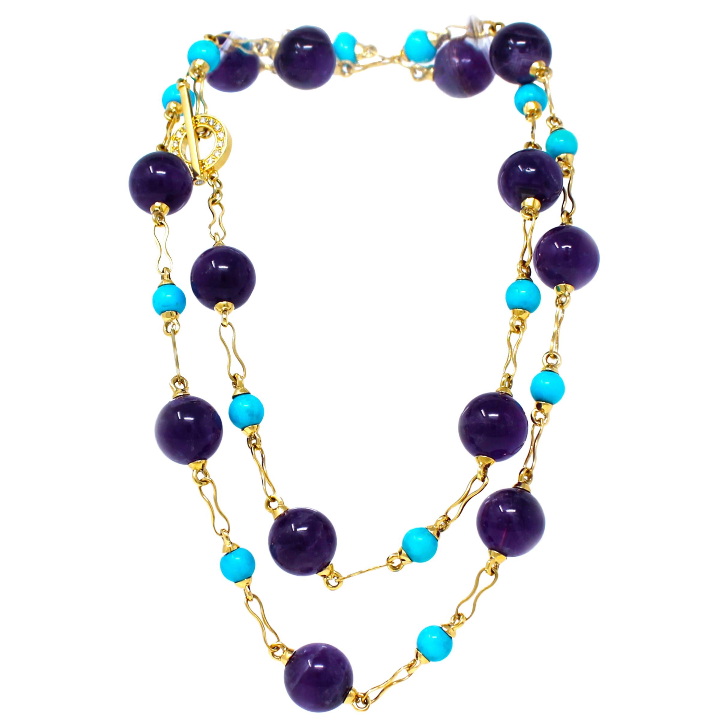 Rosaria Varra Turquoise and Amethyst Beads Station Necklace 18 Karat For Sale
