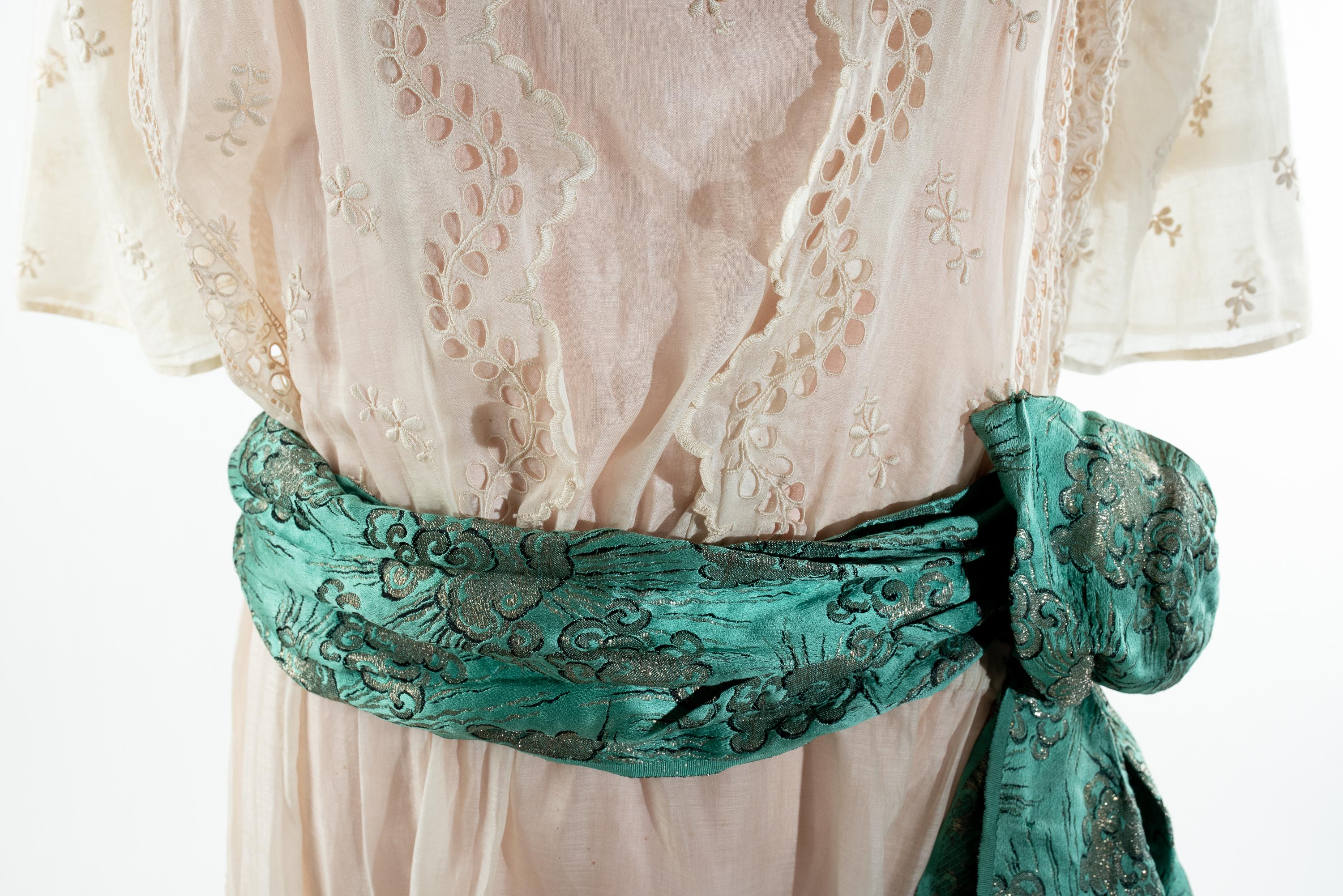 A silk pongee & White Embroidery Chiffon Summer Dress - France Circa 1920 For Sale 7