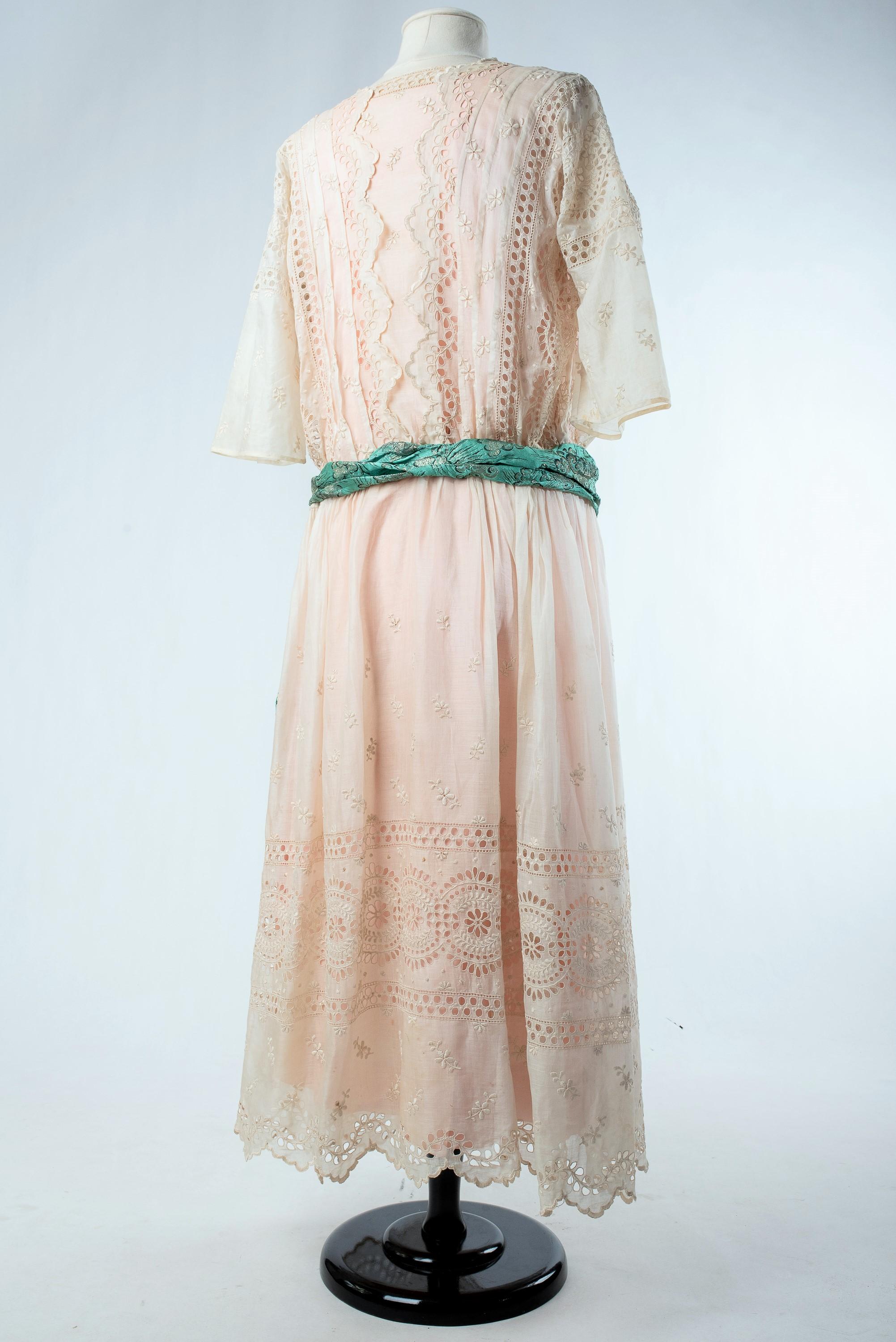 Women's A silk pongee & White Embroidery Chiffon Summer Dress - France Circa 1920 For Sale