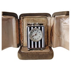 Silver and Black and White Enamel Sub Miniature Carriage Clock in Case