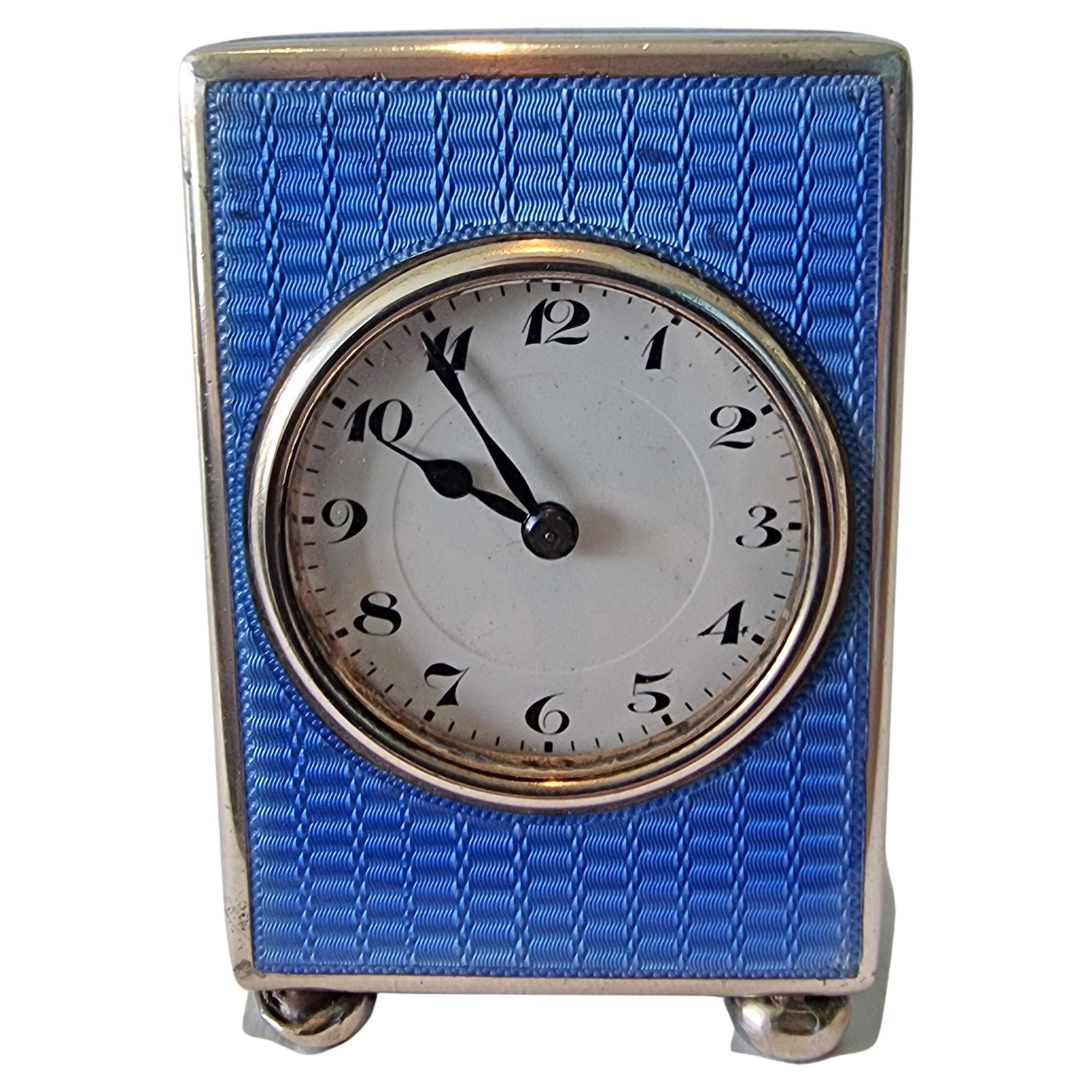 Silver and Blue Guilloche Enamel Miniature Carriage or Boudoir Clock For Sale