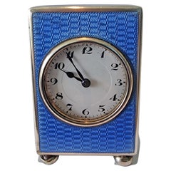 Silver and Blue Guilloche Enamel Miniature Carriage or Boudoir Clock