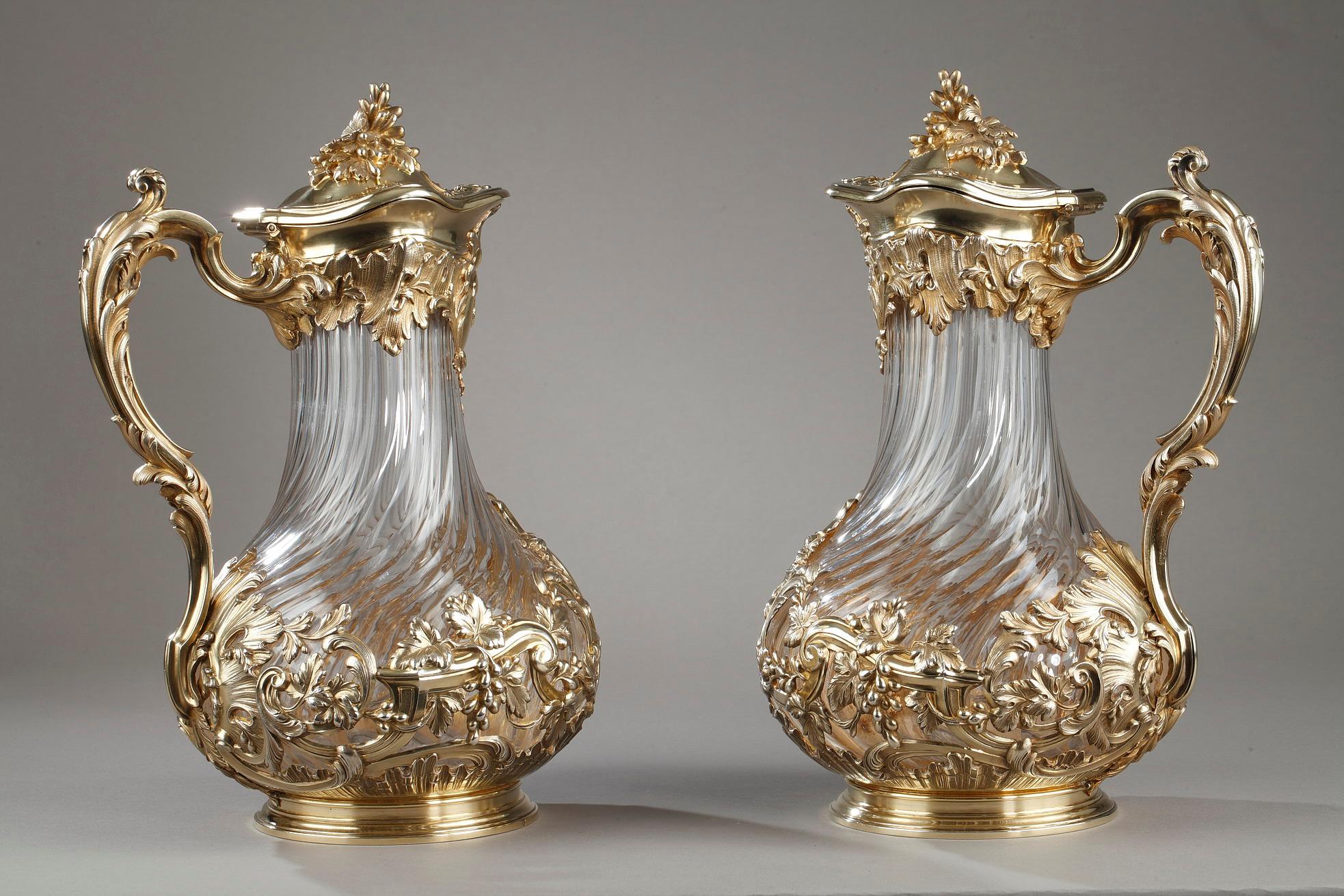 Louis XV Silver and Crystal Pair of Jugs, Tetard