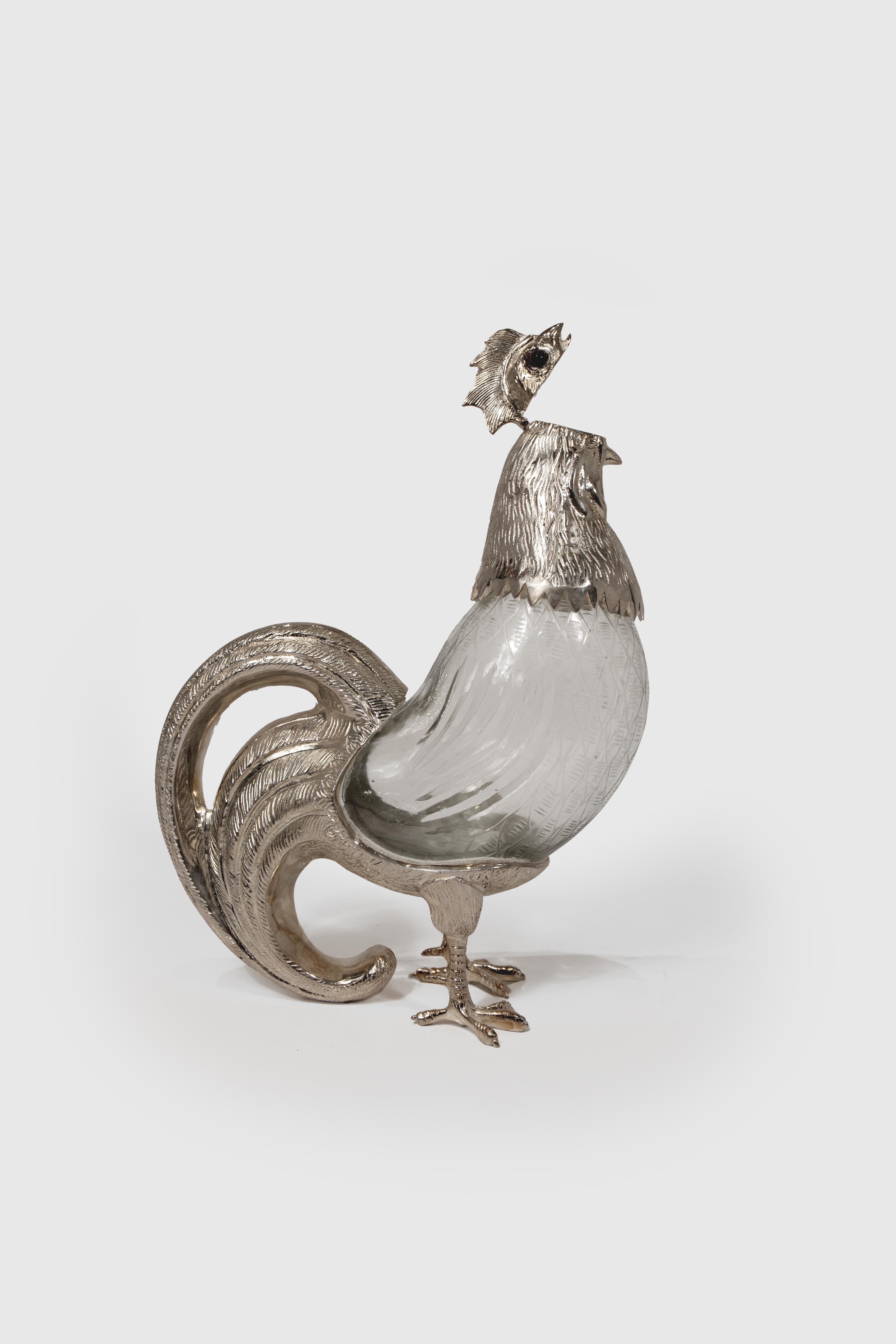 Carafe à décanter en argent et verre taillé en forme de coq Bon état - En vente à New York, NY