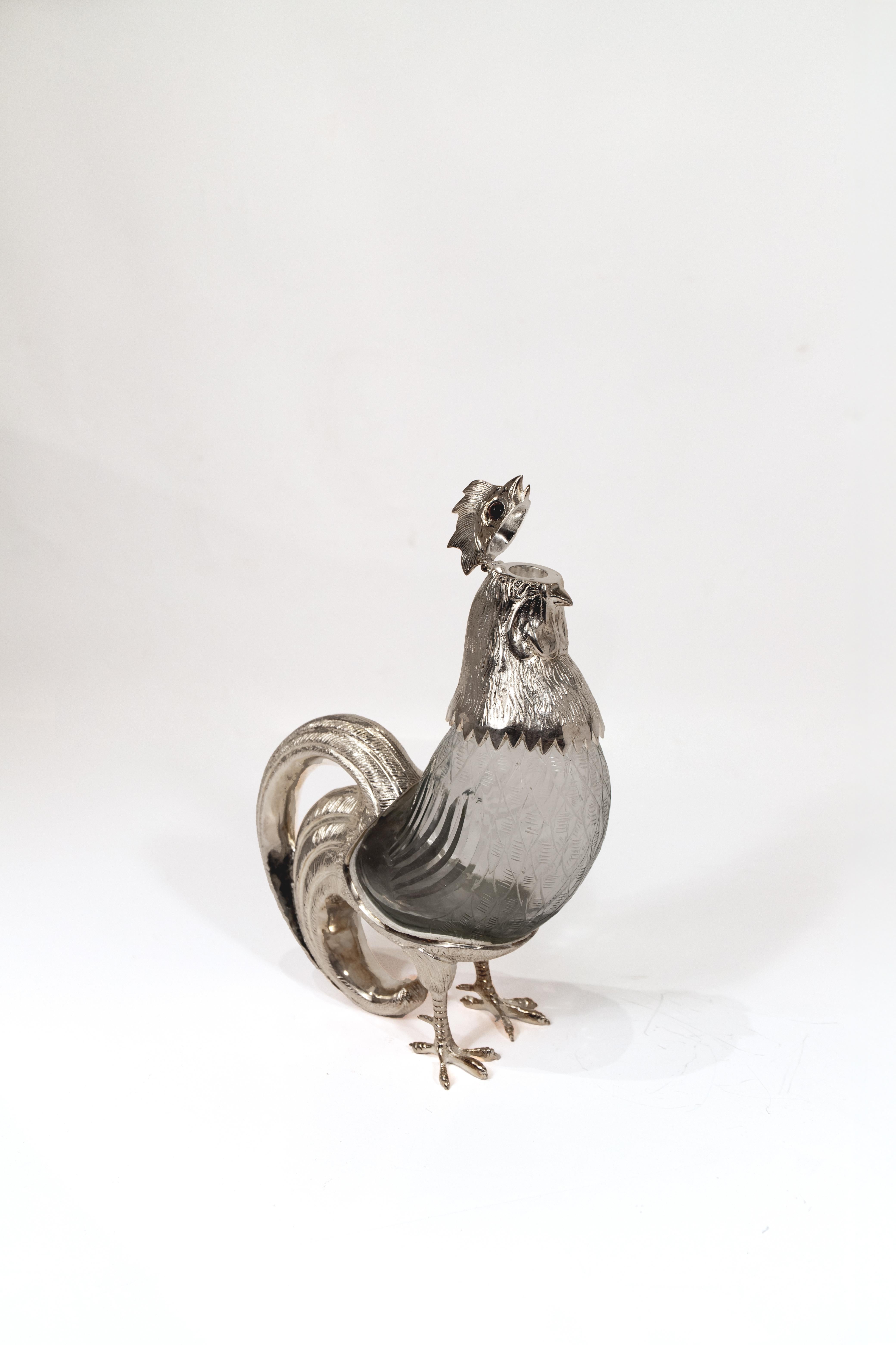 XXIe siècle et contemporain Carafe à décanter en argent et verre taillé en forme de coq en vente