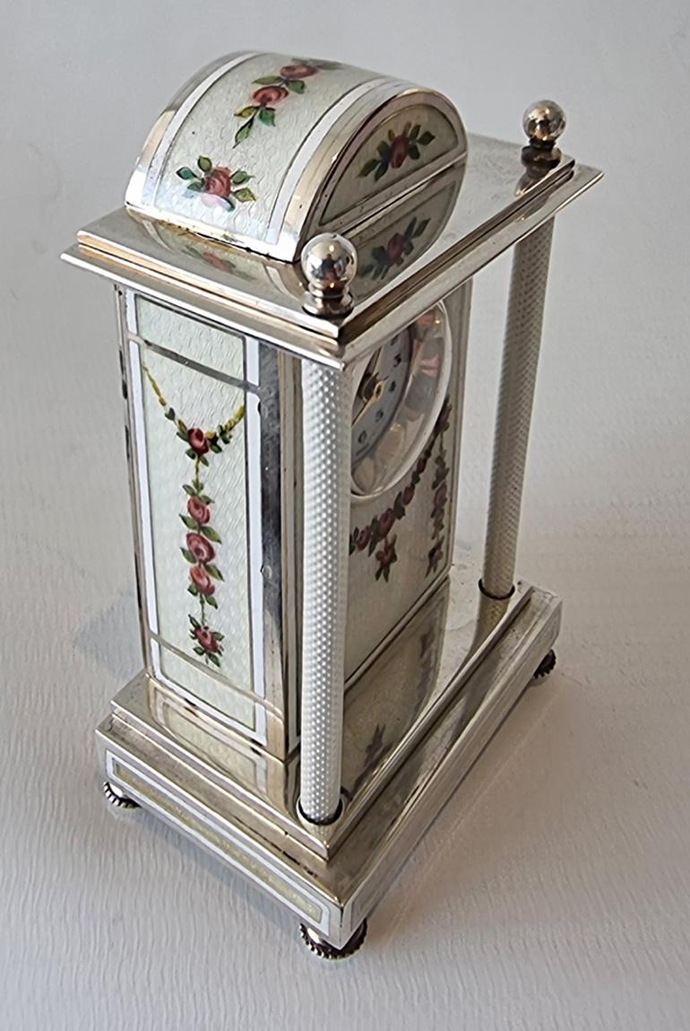 Austrian A Silver and White Guilloche enamel Carriage or boudoir Clock For Sale