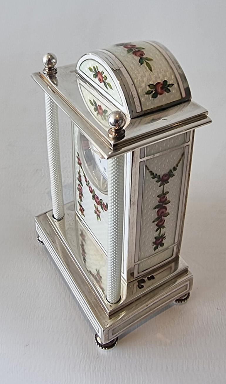 Enameled A Silver and White Guilloche enamel Carriage or boudoir Clock For Sale