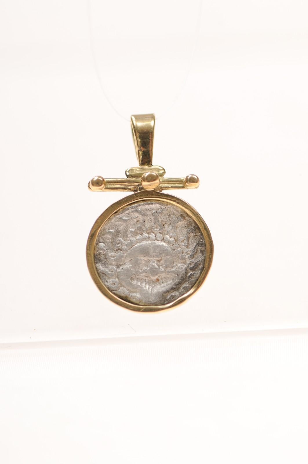 Classical Greek A Silver Drachm Gorgon {coin} Pendant w 18K gold For Sale