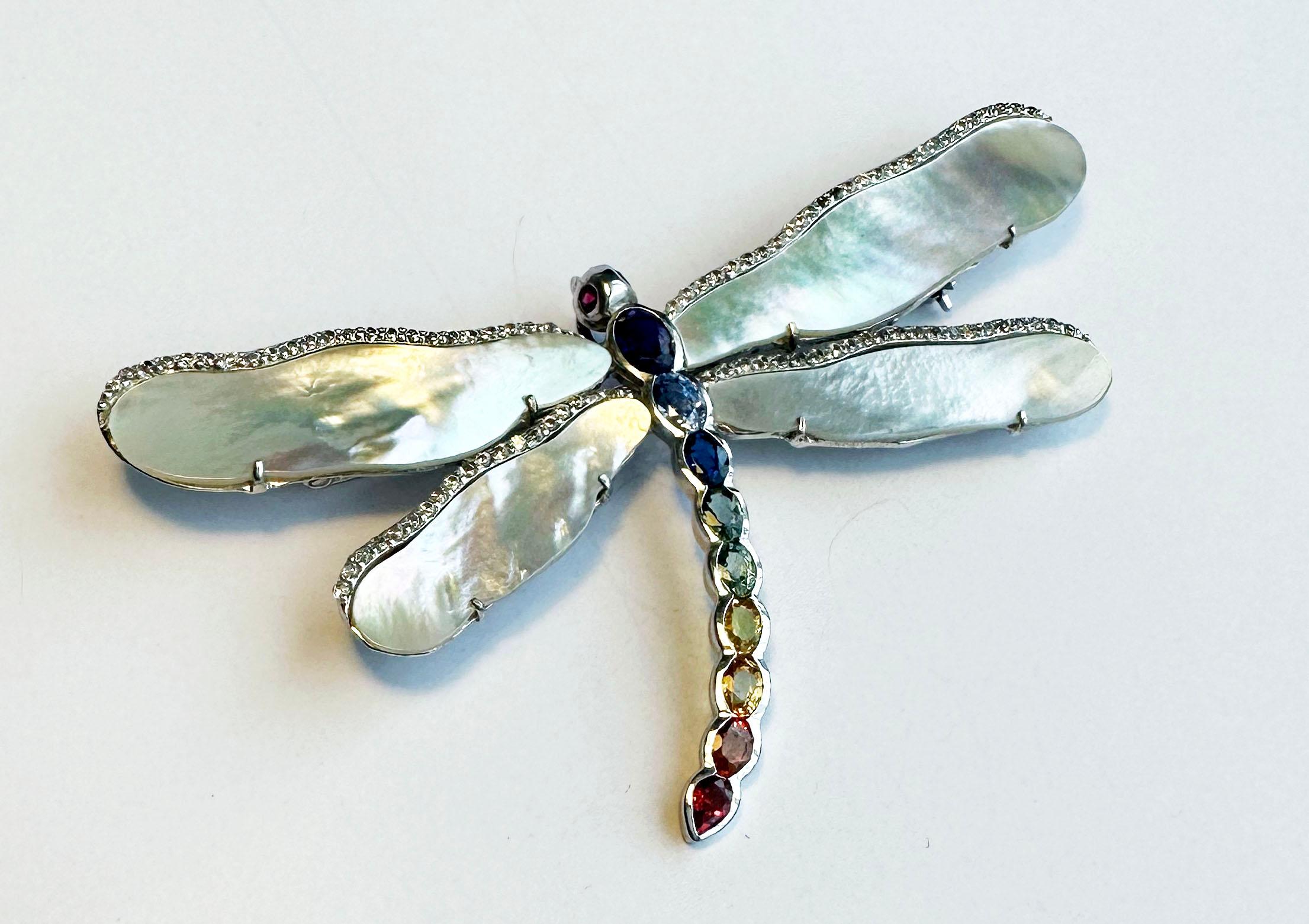 Oval Cut A Silver Dragonfly Brooch/Pendant set with Sapphires For Sale