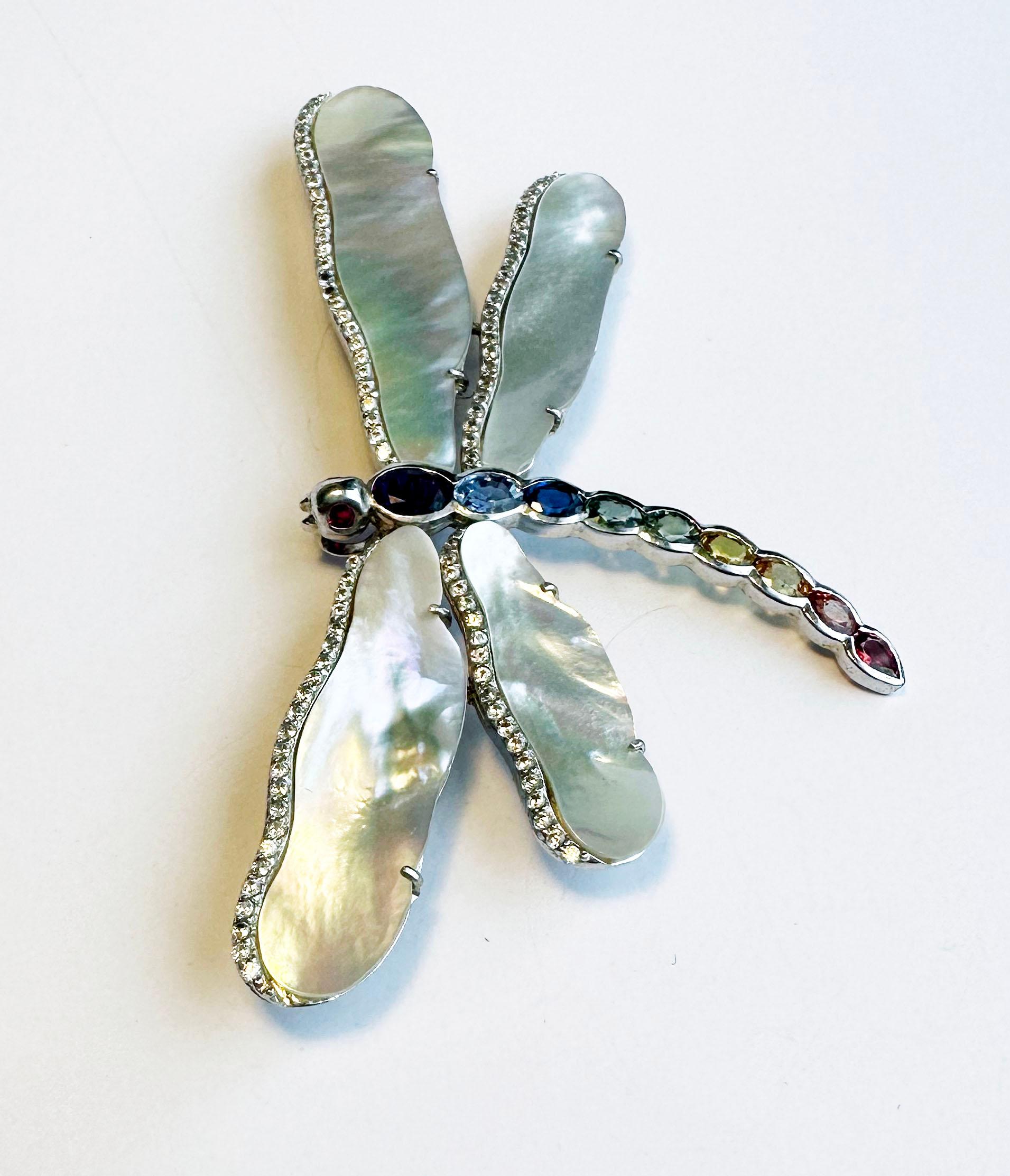 A Silver Dragonfly Brooch/Pendant set with Sapphires In New Condition For Sale In Coupeville, WA