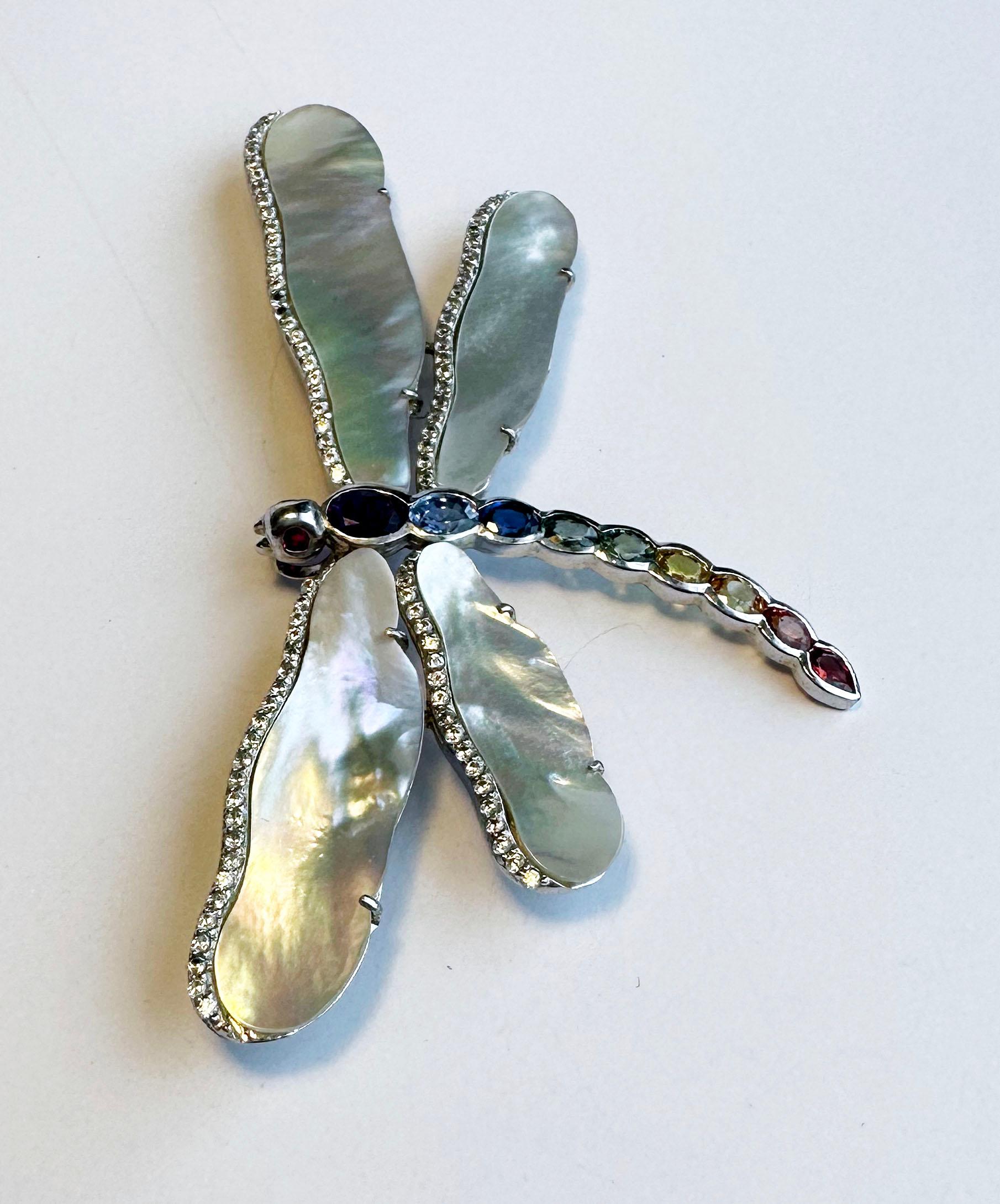 Women's or Men's A Silver Dragonfly Brooch/Pendant set with Sapphires For Sale