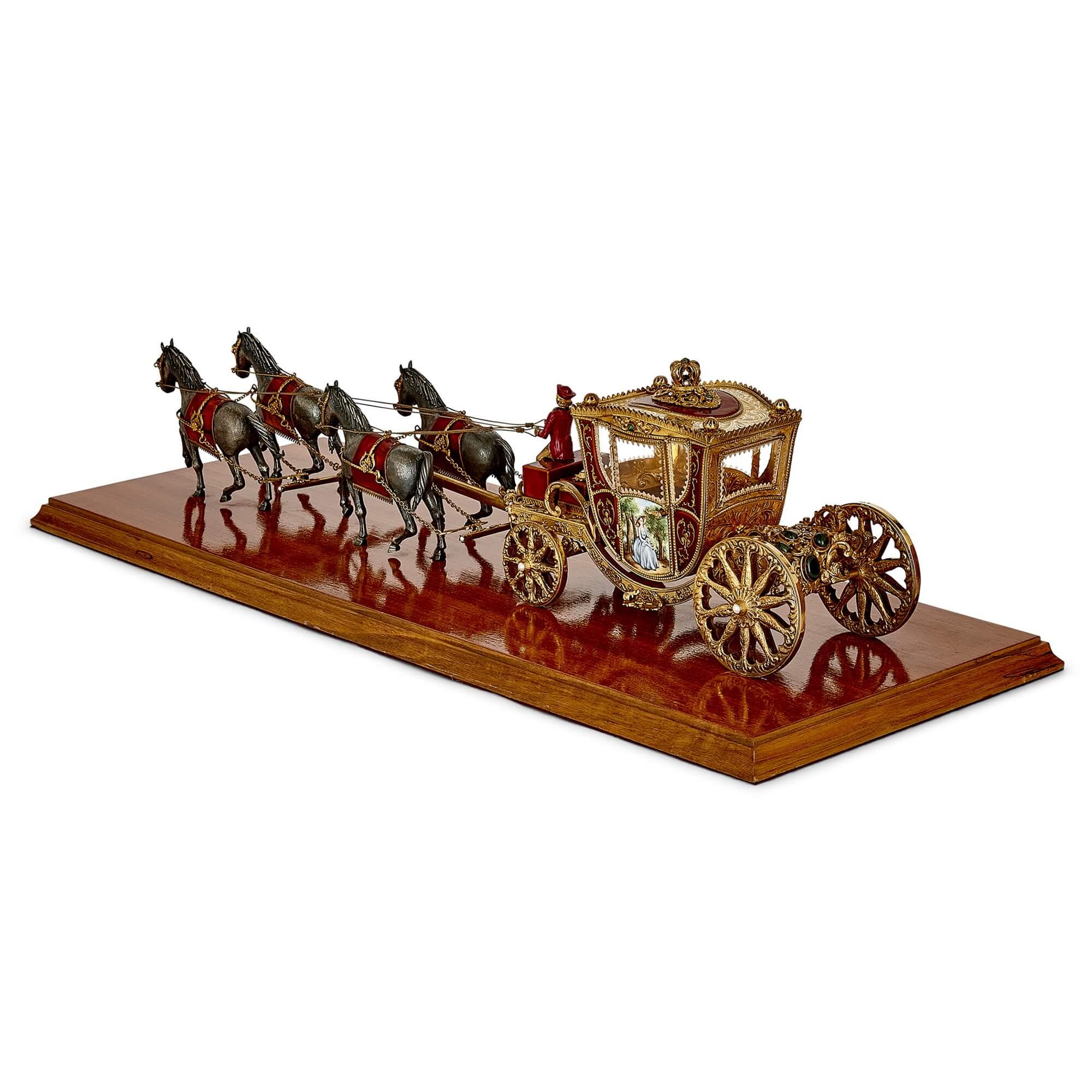 Moderne Modèle de chariot de cheval austro-hongrois drapé en argent doré et émail en vente
