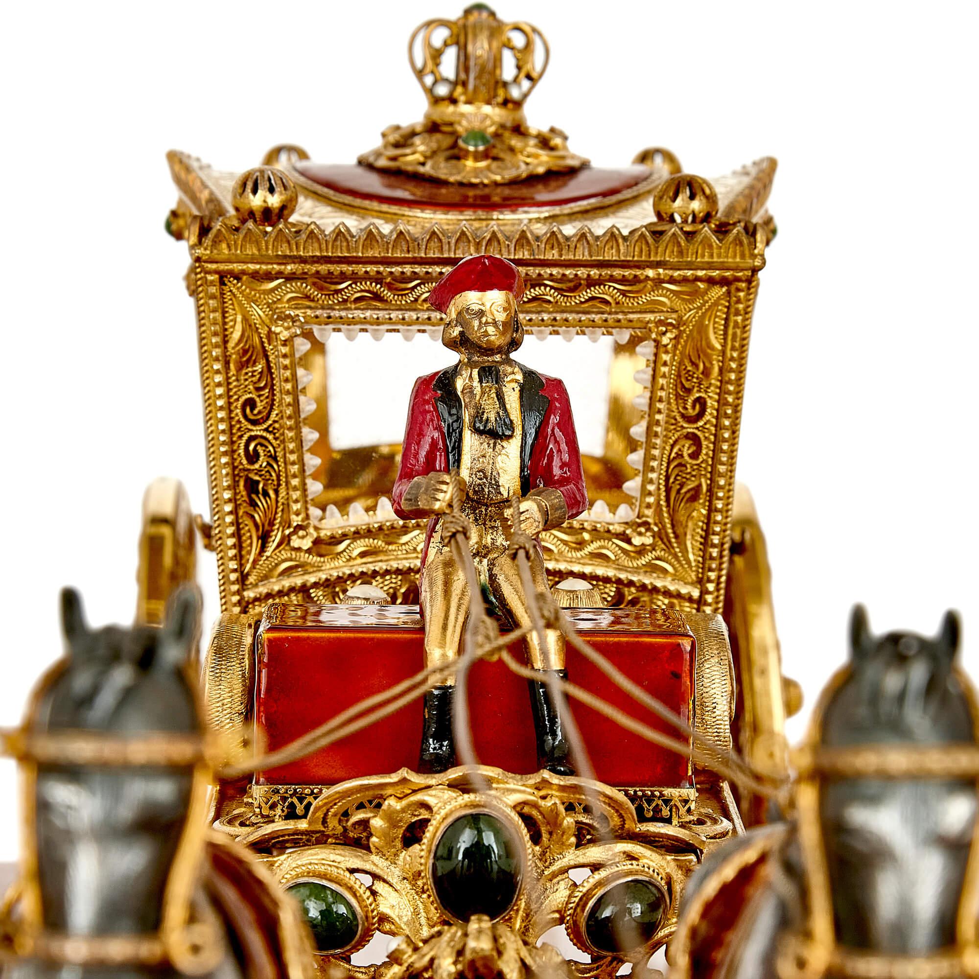 Modern Silver-Gilt and Enamel Austro-Hungarian Horse Drawn Carriage Model For Sale