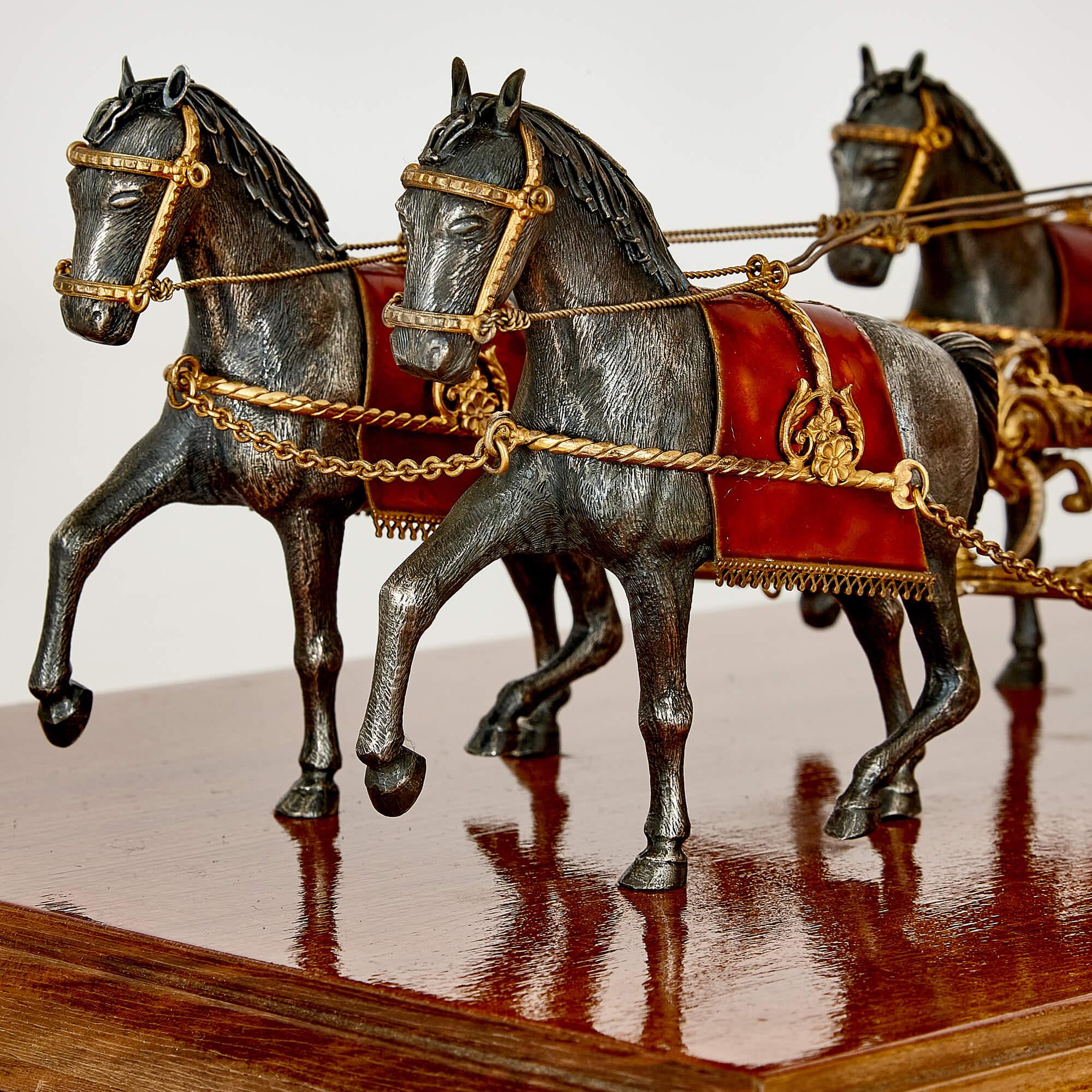 Silver-Gilt and Enamel Austro-Hungarian Horse Drawn Carriage Model In Good Condition For Sale In London, GB