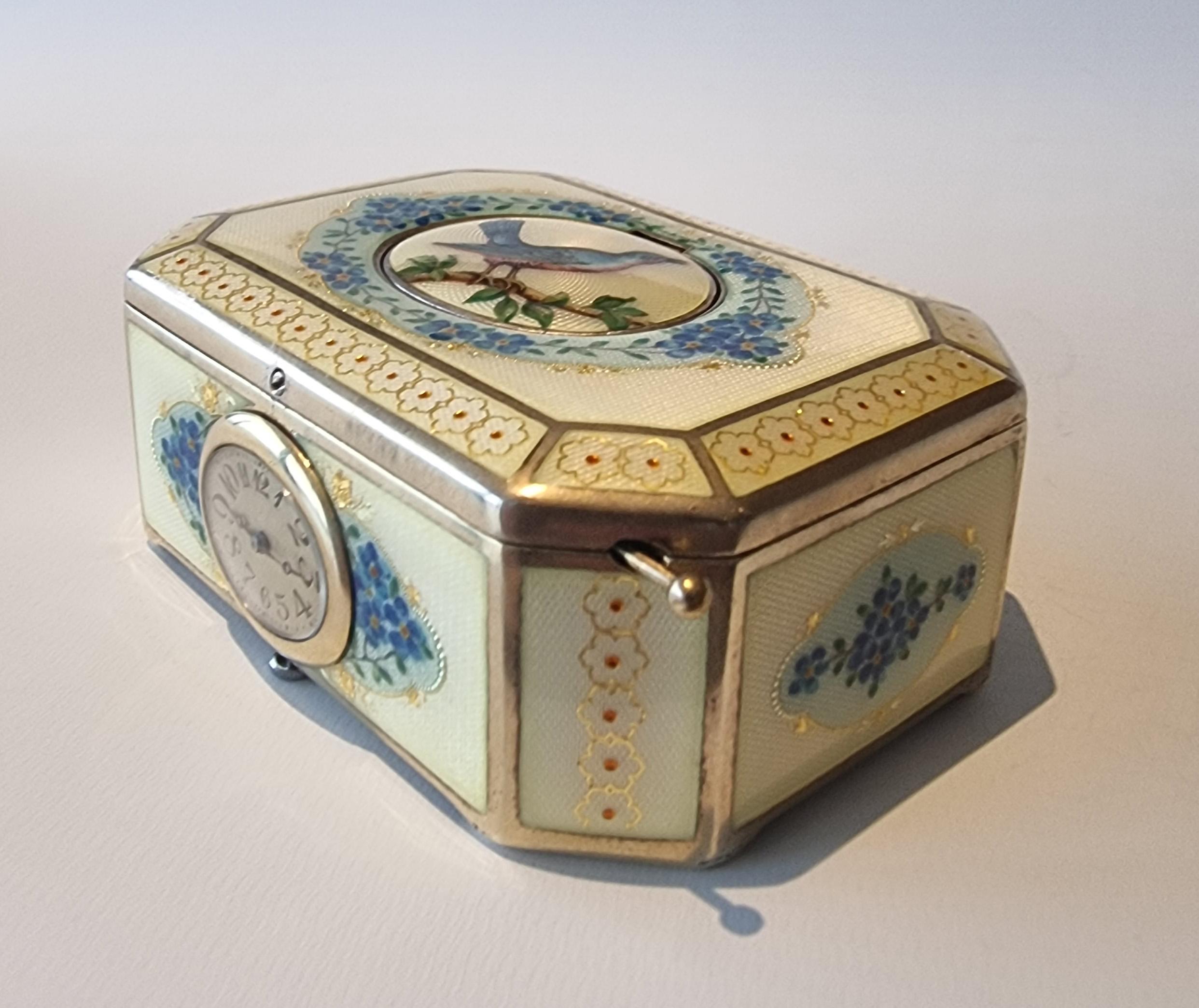Silver A silver gilt and Imperial Yellow guilloche enamel singing bird box For Sale