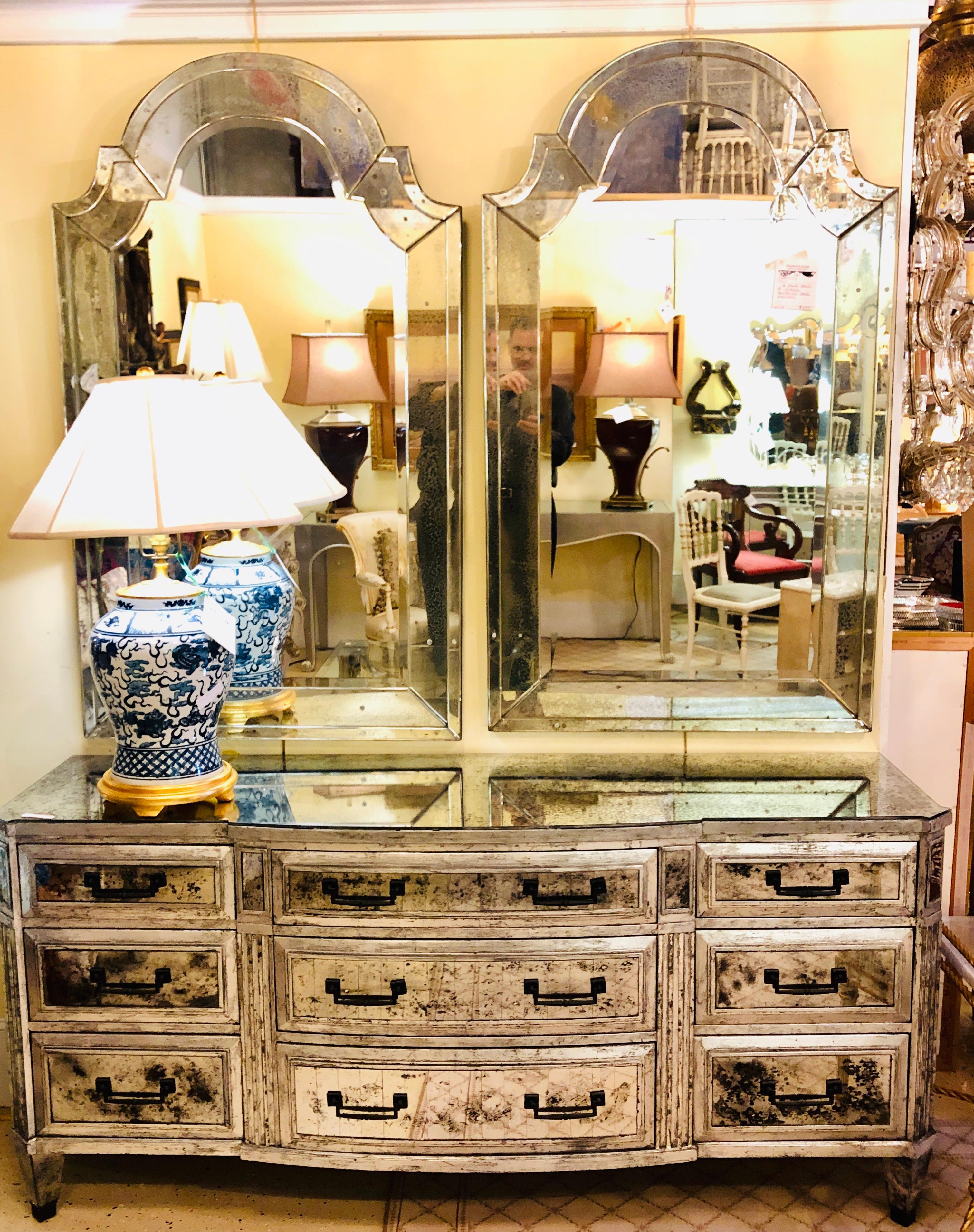 Silver Leafed and Antiqued Mirror Designer Hollywood Regency Dresser Sideboard  In Good Condition In Stamford, CT