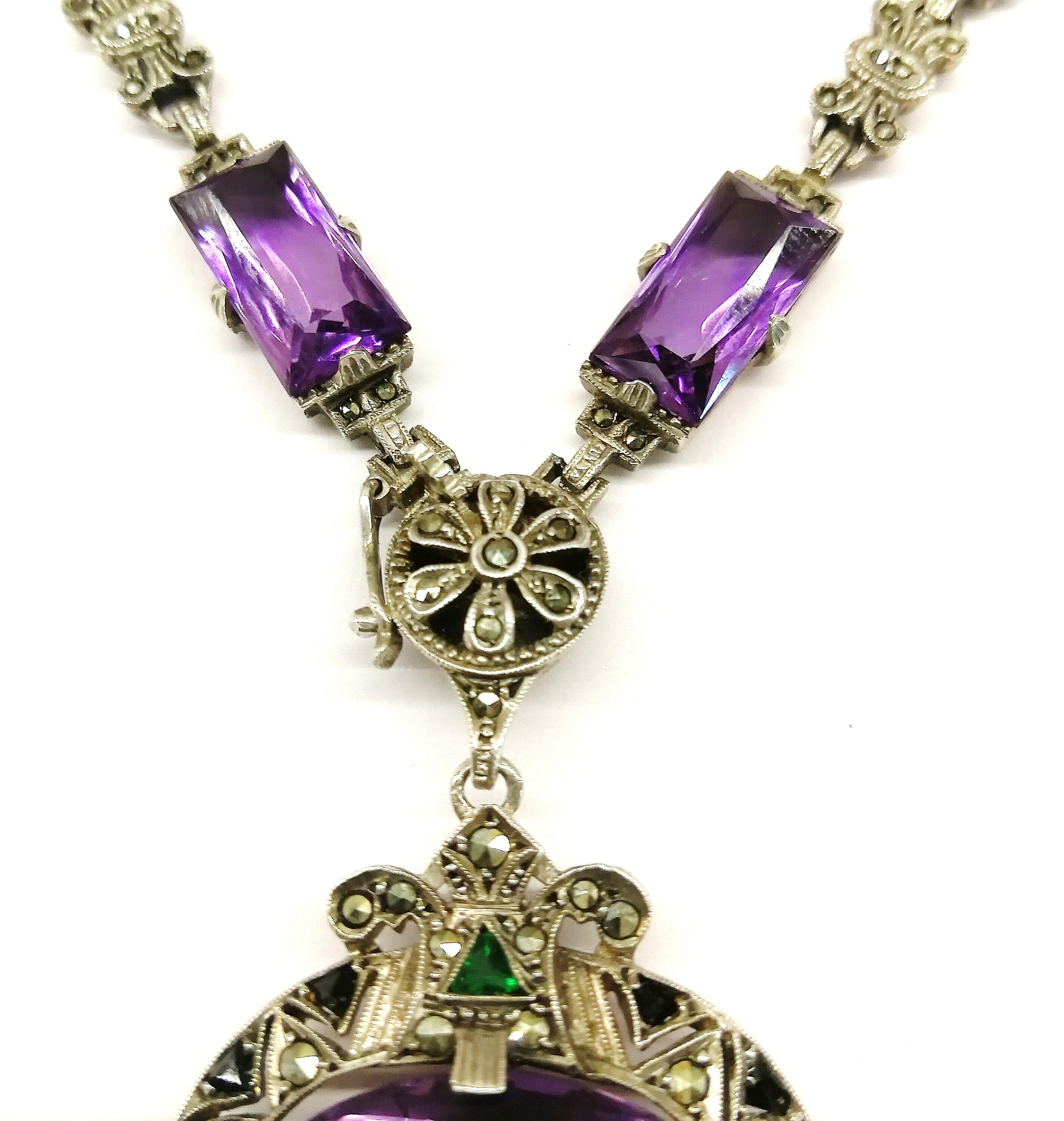 Baguette Cut A silver marcasite, coloured paste and amethyst Art Deco necklace, Germany, 1920s