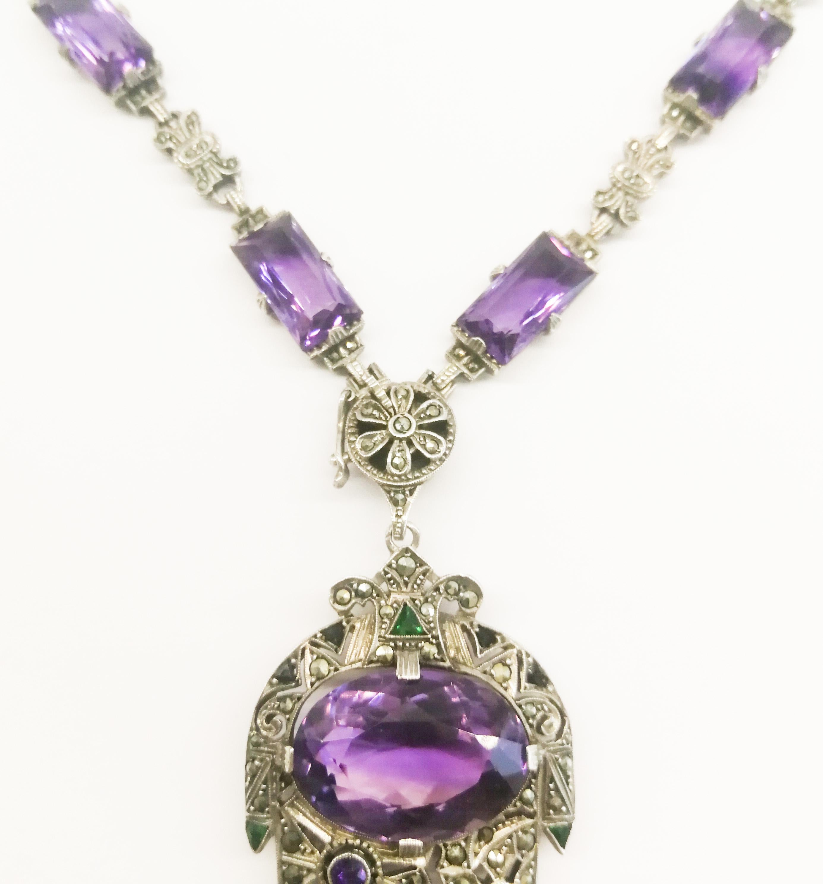 A silver marcasite, coloured paste and amethyst Art Deco necklace, Germany, 1920s In Excellent Condition In Greyabbey, County Down