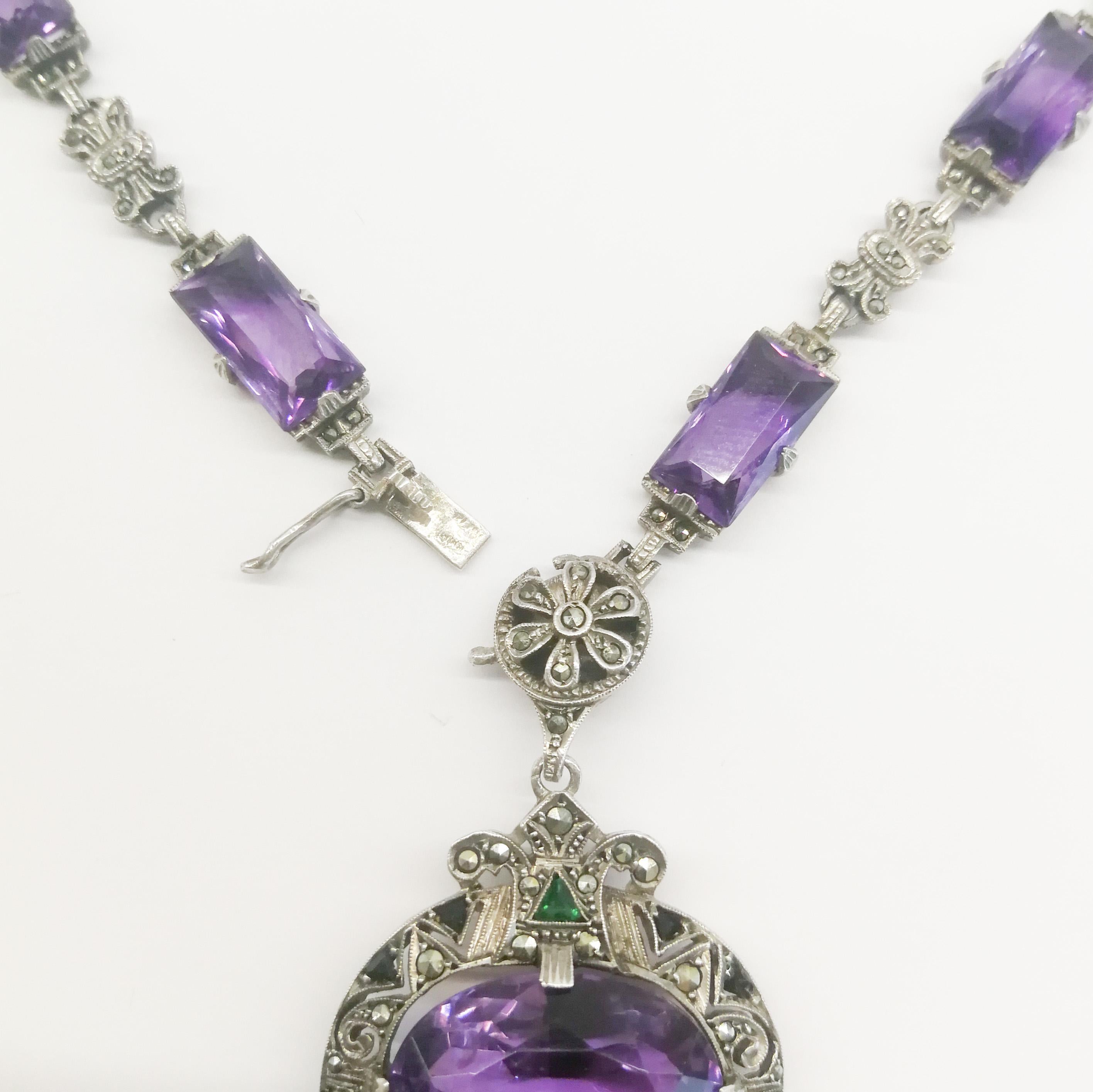 A silver marcasite, coloured paste and amethyst Art Deco necklace, Germany, 1920s 1
