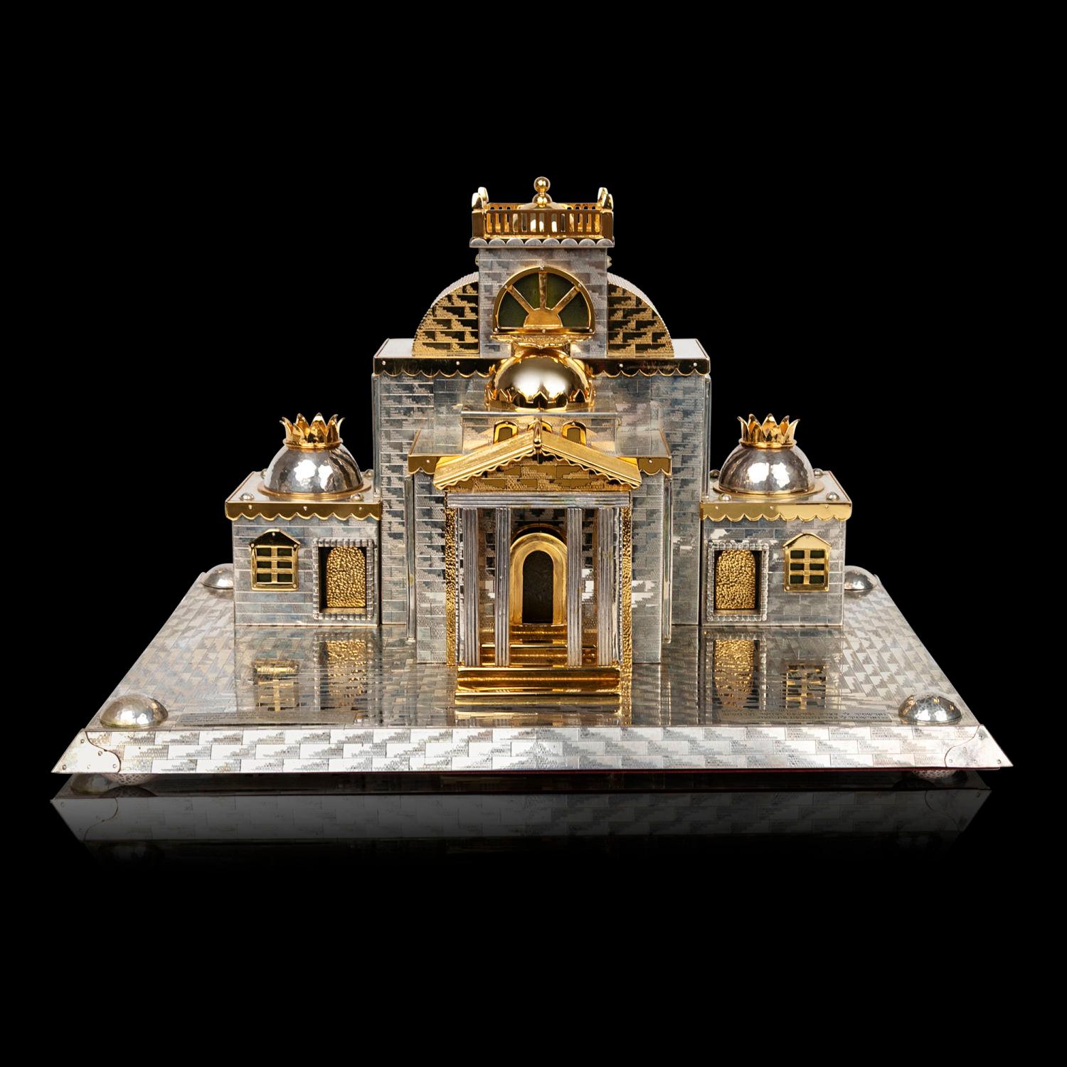 An extraordinary and intricately crafted silver and gold-accented model of the Holy Temple in Jerusalem, created by renowned Israeli Judaica artist Shuki Freiman, circa 2010. This monumental and architectural masterpiece fuses traditional Jewish