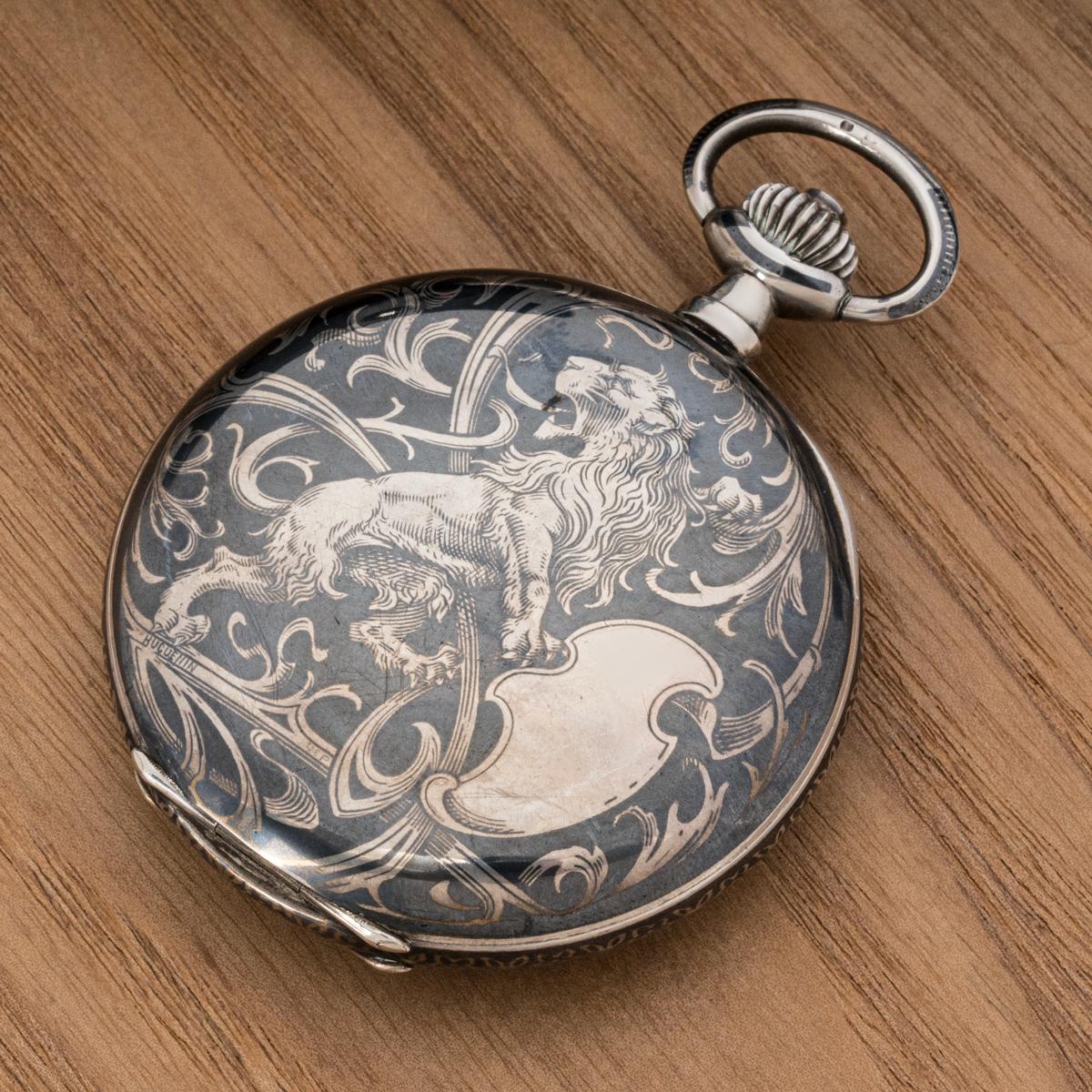 Silberne Niello-Chronograph-Taschenuhr mit offenem Zifferblatt C1900 1