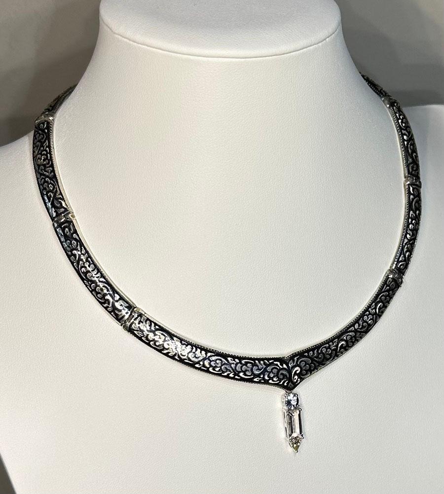 Artisan A Silver Nielloware Necklace with a removable White Gold Jeweled Pendant For Sale