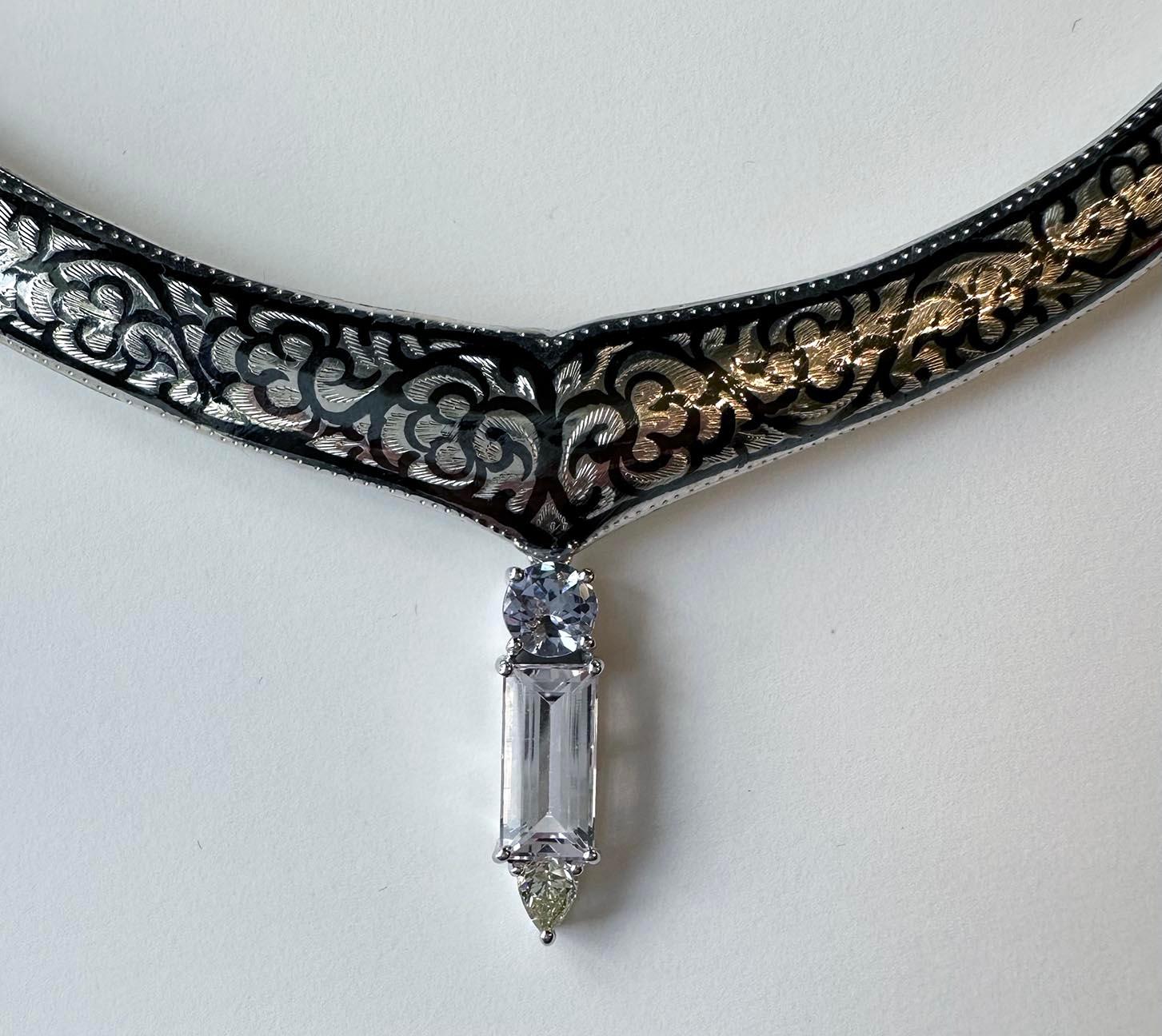 A Silver Nielloware Necklace with a removable White Gold Jeweled Pendant In New Condition For Sale In Coupeville, WA