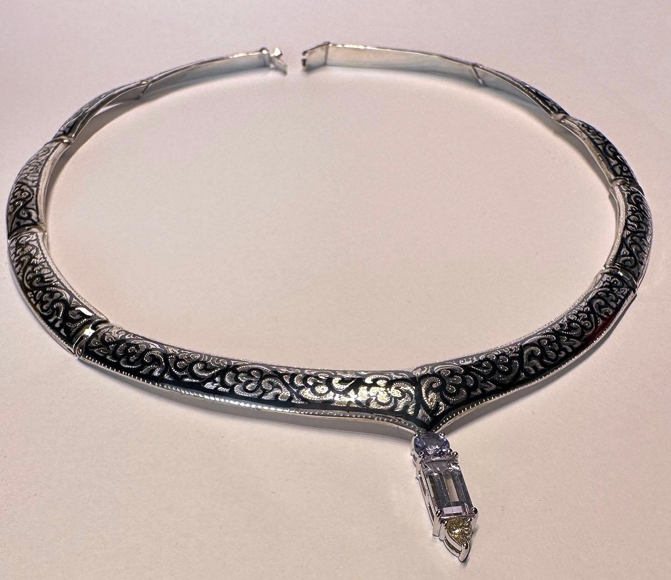 A Silver Nielloware Necklace with a removable White Gold Jeweled Pendant For Sale 1