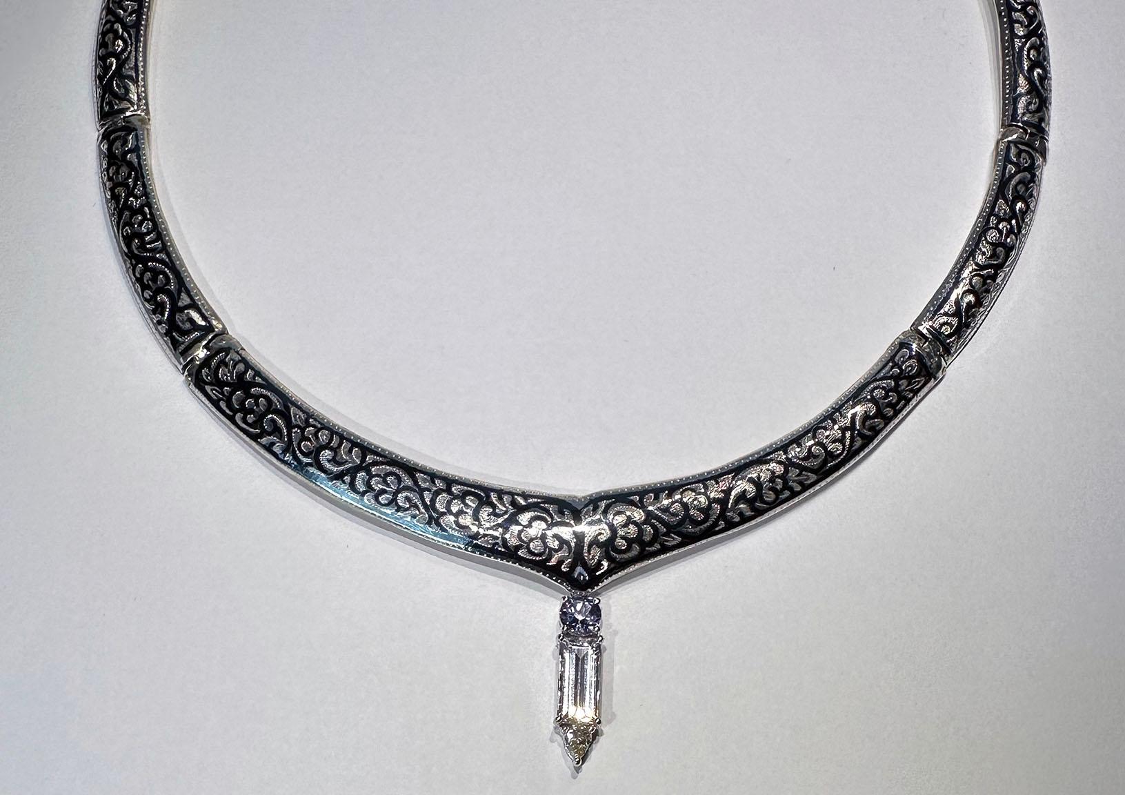 A Silver Nielloware Necklace with a removable White Gold Jeweled Pendant For Sale 2