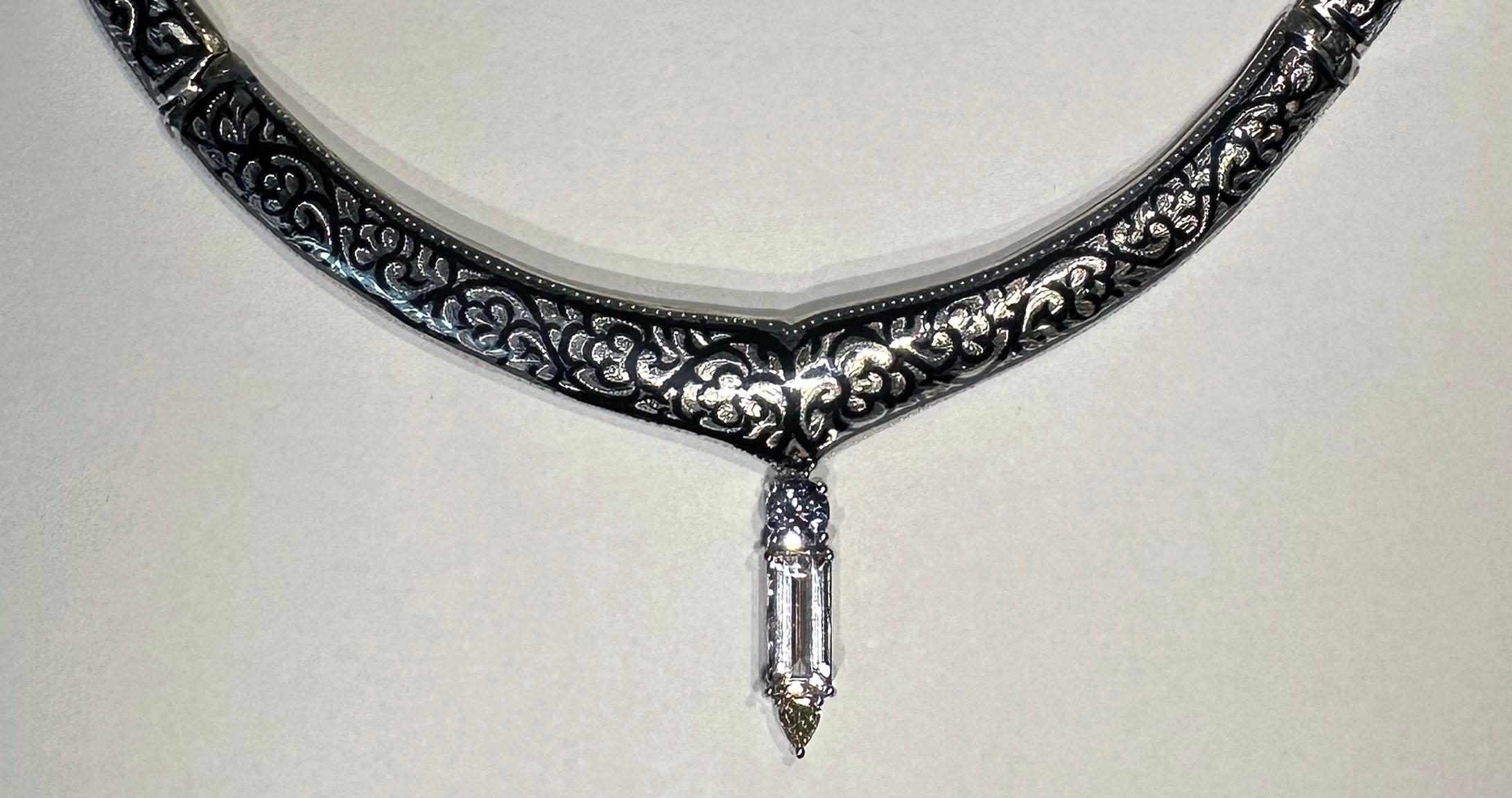 A Silver Nielloware Necklace with a removable White Gold Jeweled Pendant For Sale 3