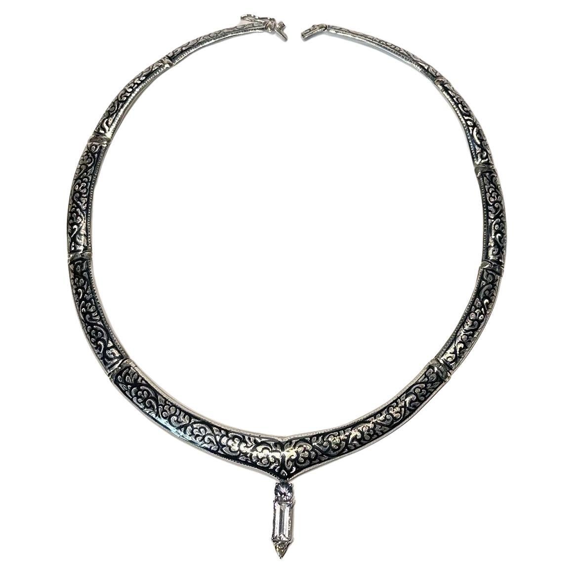 A Silver Nielloware Necklace with a removable White Gold Jeweled Pendant For Sale