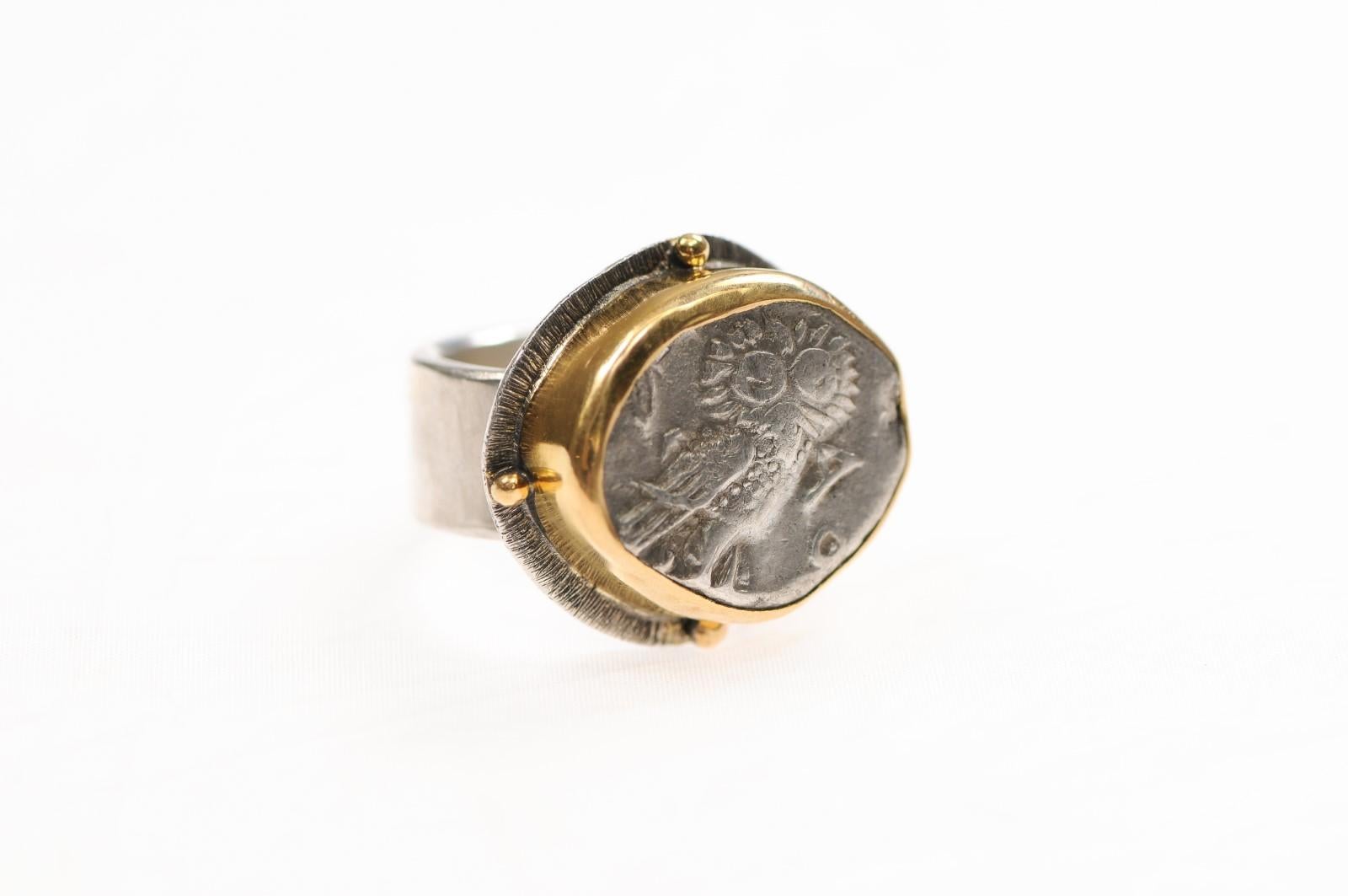 Classical Greek A Silver Owl Tetradrachm Ring w/ 22k gold For Sale