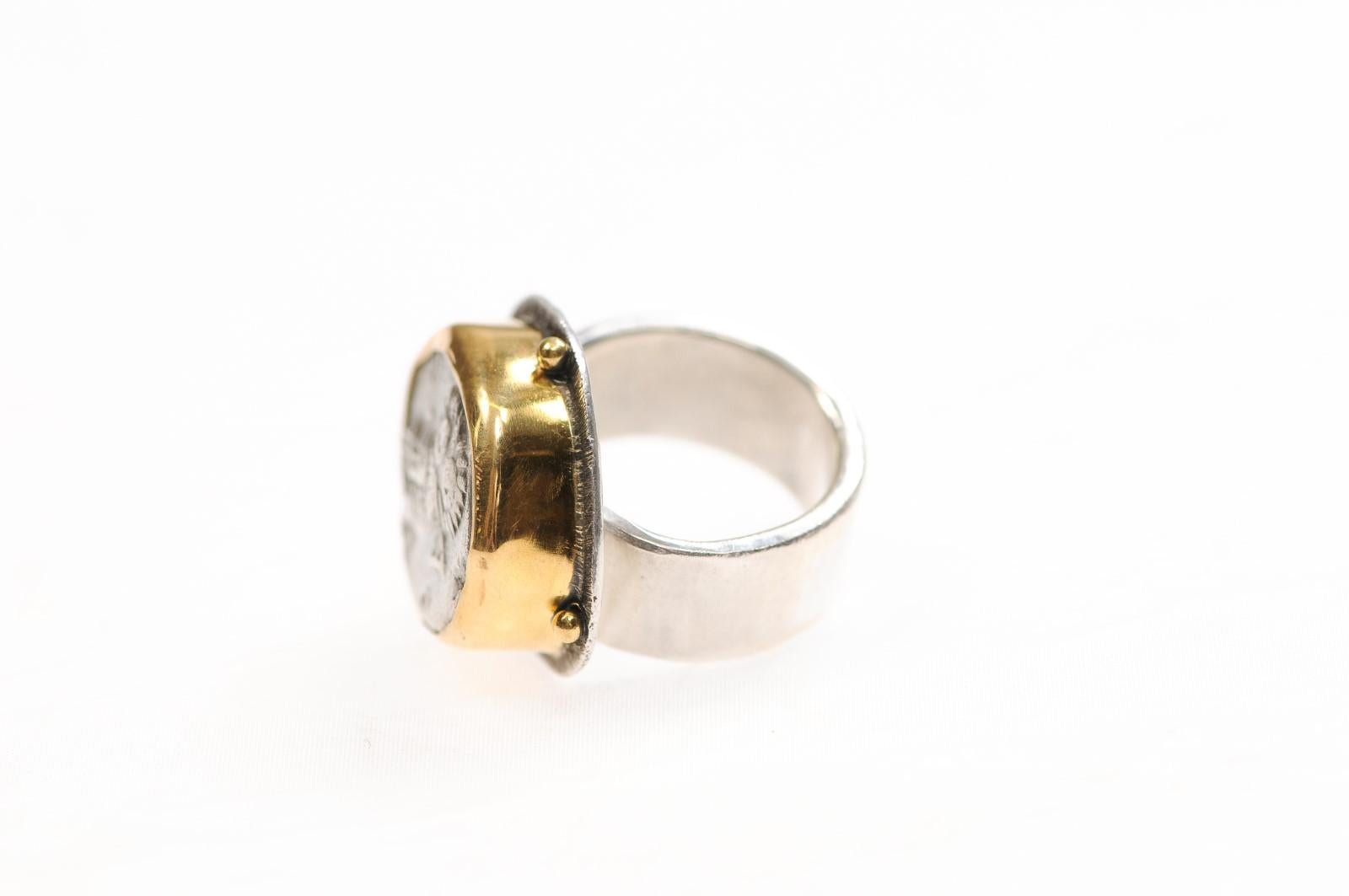 Women's or Men's A Silver Owl Tetradrachm Ring w/ 22k gold For Sale