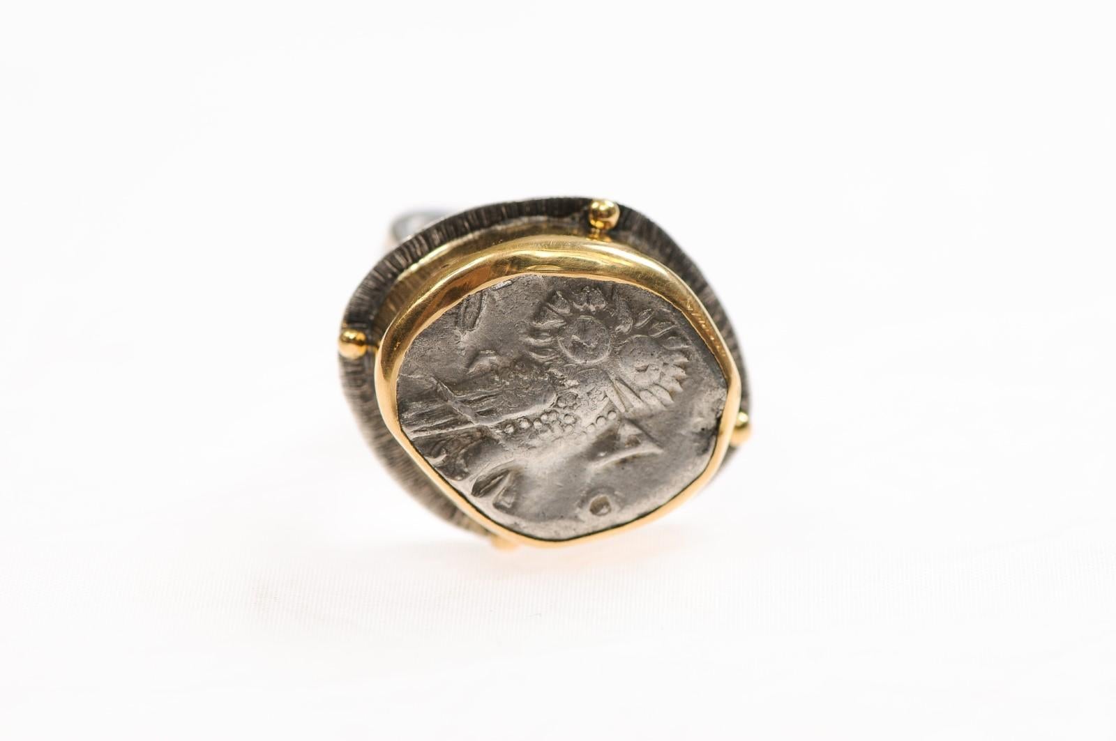 A Silver Owl Tetradrachm Ring w/ 22k gold For Sale 1