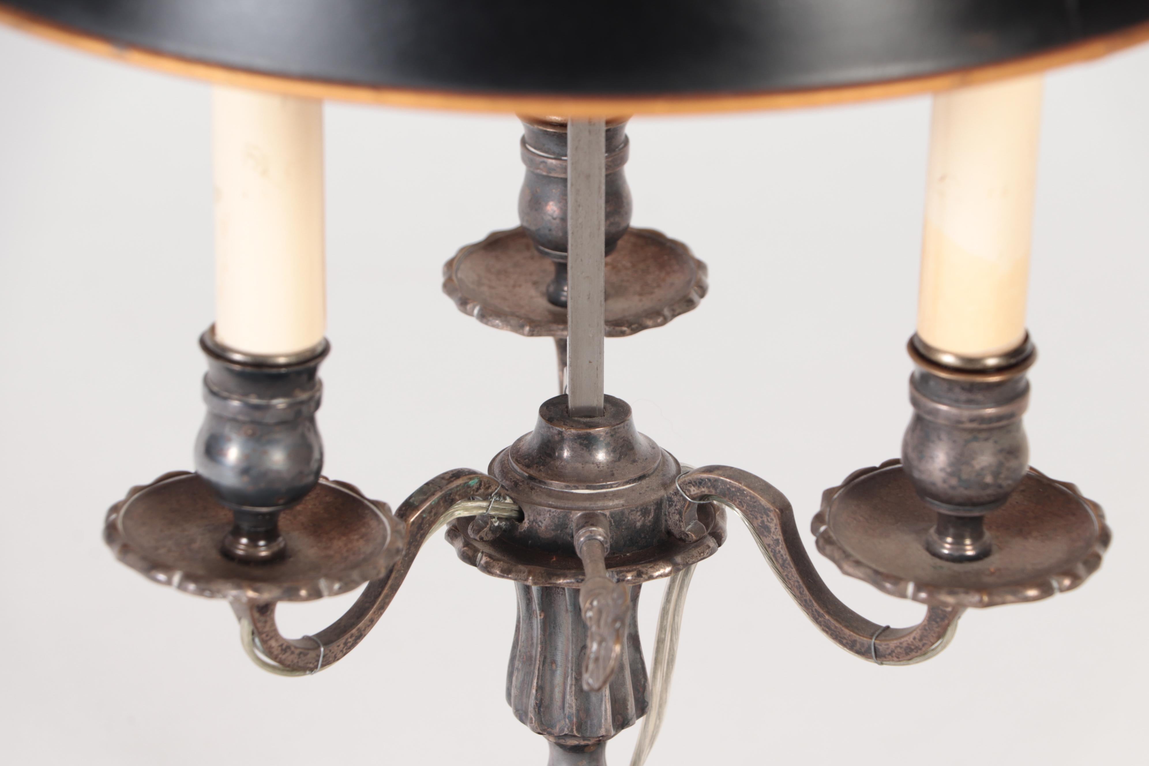 Silver Plate Louis XVI Style Three Branch Bouillotte Lamp with a Tole Shade In Good Condition For Sale In Philadelphia, PA