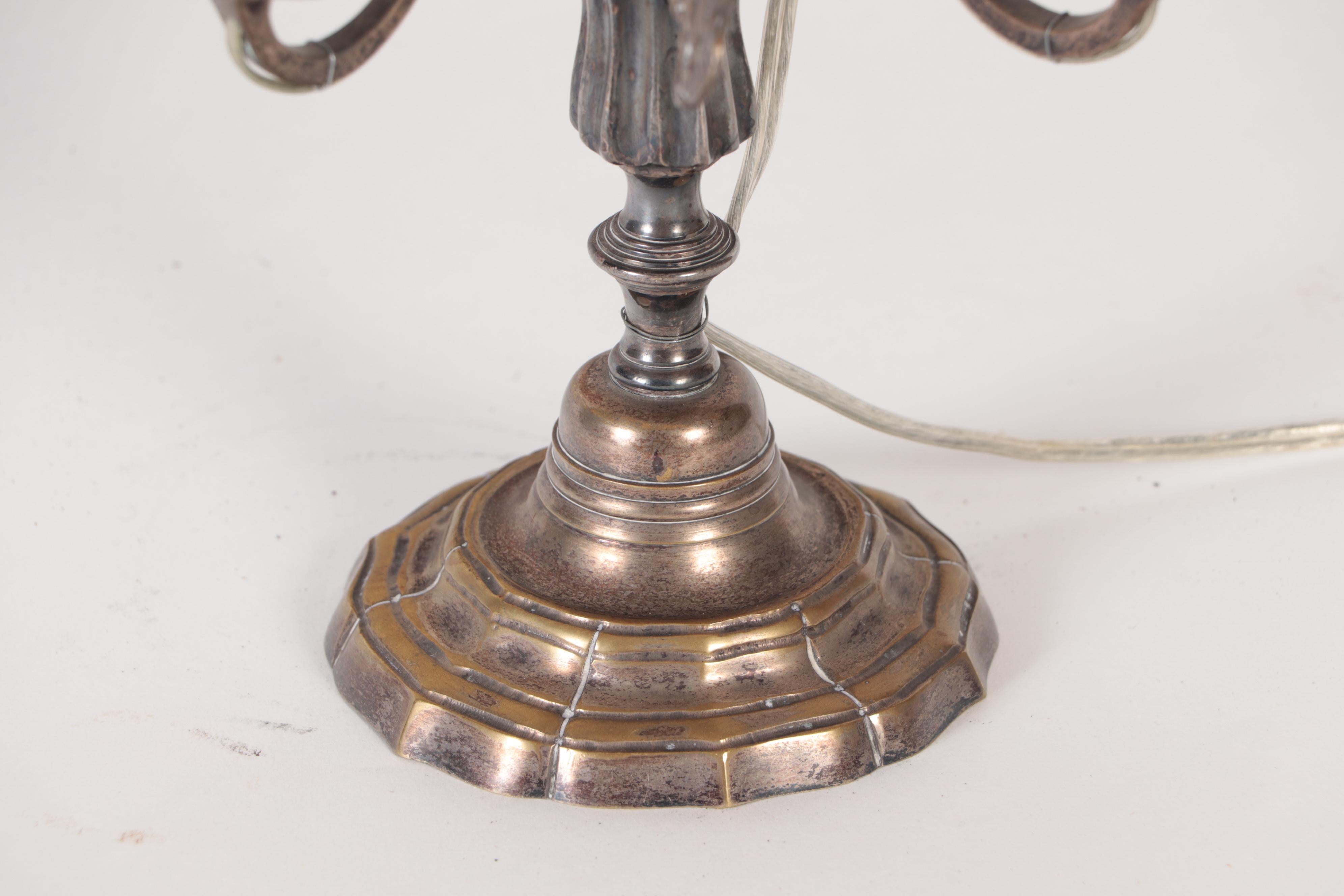 Early 20th Century Silver Plate Louis XVI Style Three Branch Bouillotte Lamp with a Tole Shade For Sale