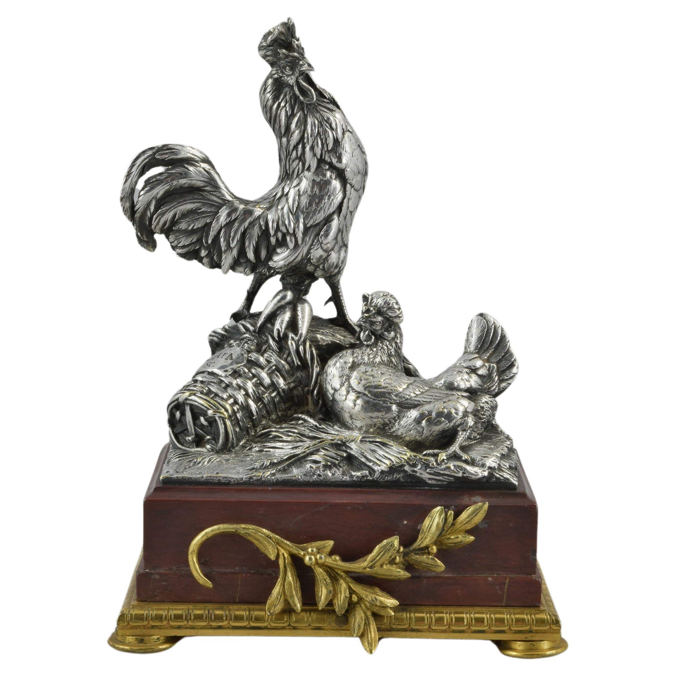 A silver plated bronze sculptural group of a Cockerel By Christofle For Sale