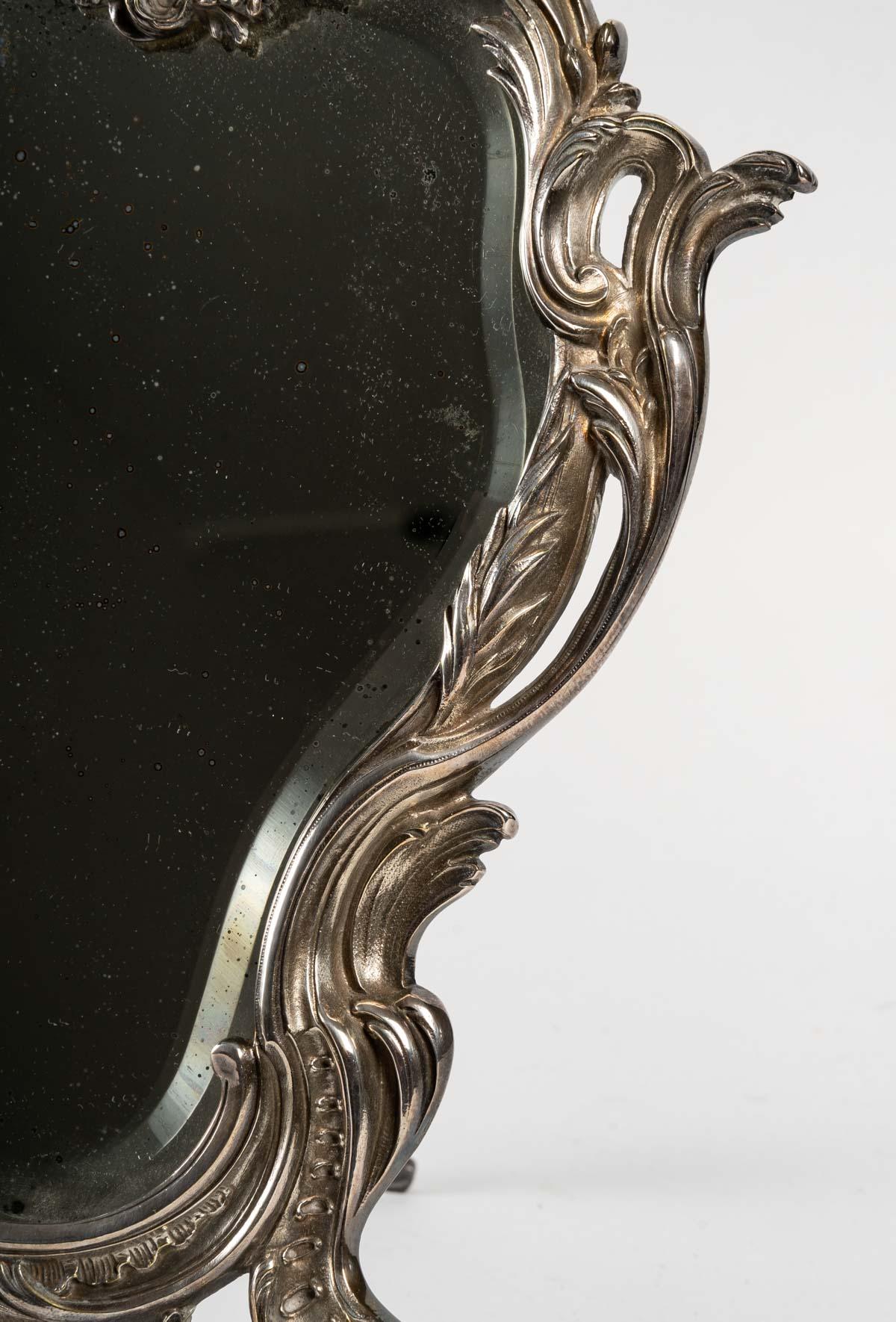 Silvered Silver Plated Bronze Table Mirror, 19th Century For Sale