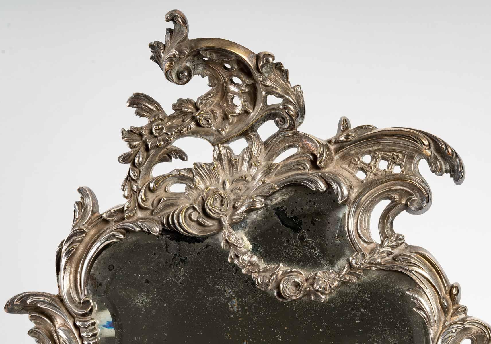 Européen Miroir de table en bronze plaqué argent, XIXe siècle en vente