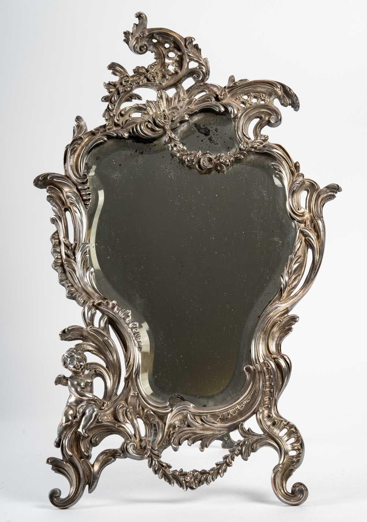Argenté Miroir de table en bronze plaqué argent, XIXe siècle en vente