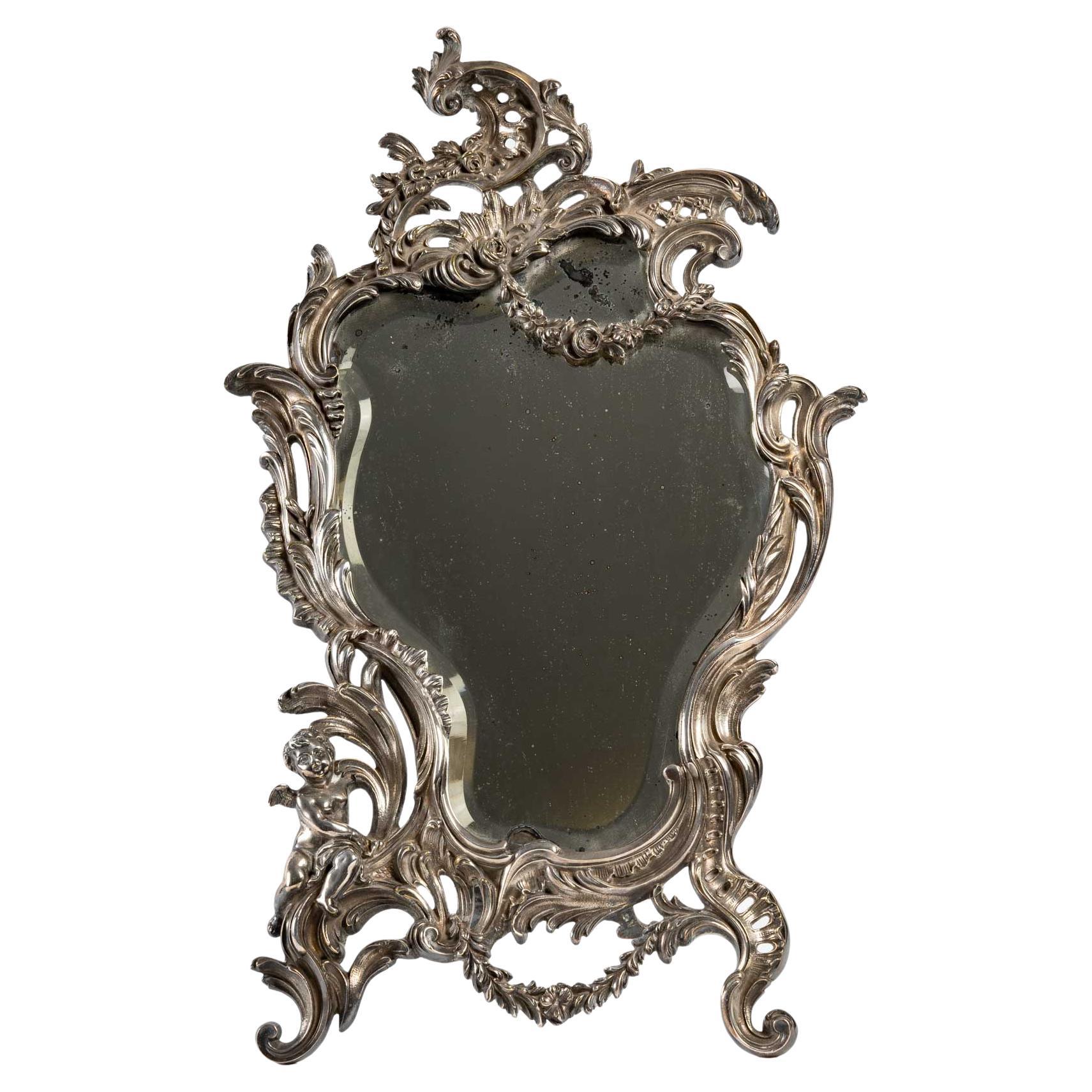 Silver Plated Bronze Table Mirror, 19th Century For Sale