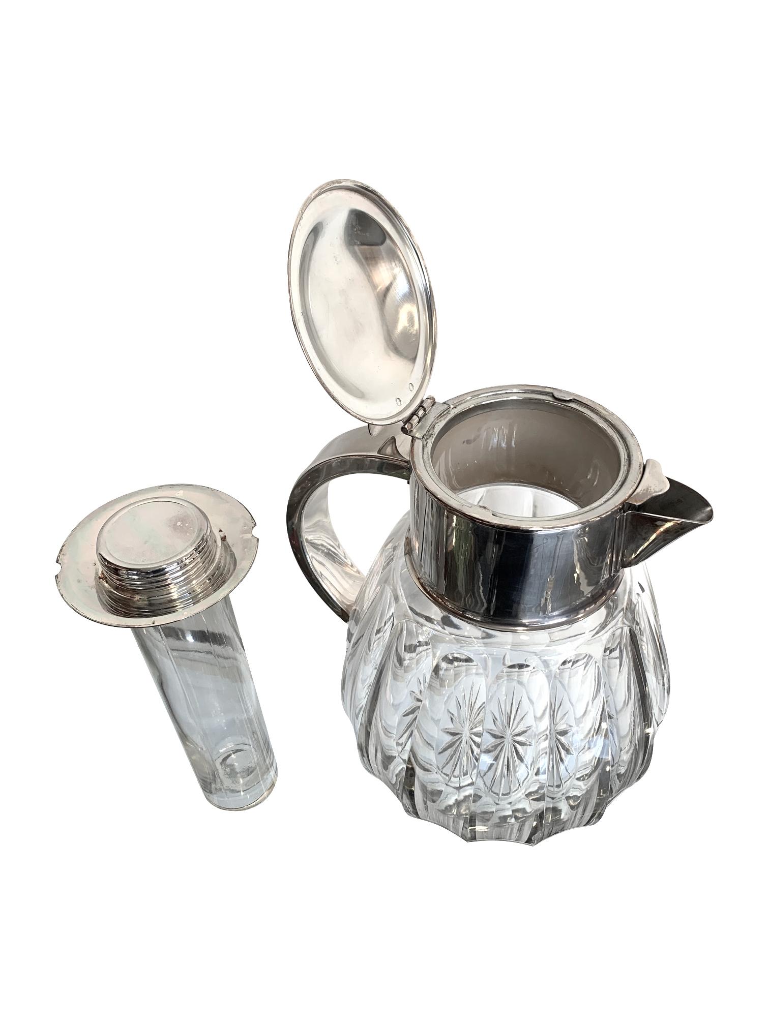 Art Deco Silver Plated Faceted Crystal Lemonade Jug with Central Glass Ice Compartment