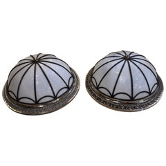 1940 Leaded Glass and Silver Plated Flush Mounted Light Fixture