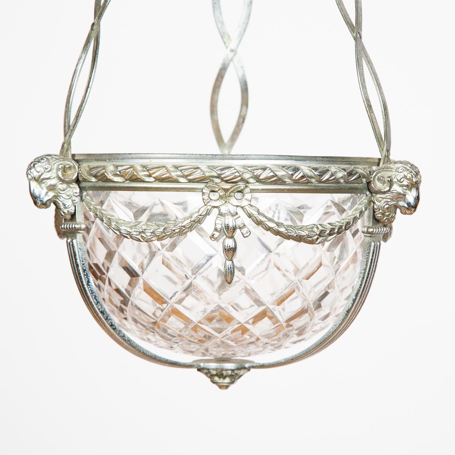 English Silver Plated Pendant Light with Cut Glass Bowl by Faraday & Son